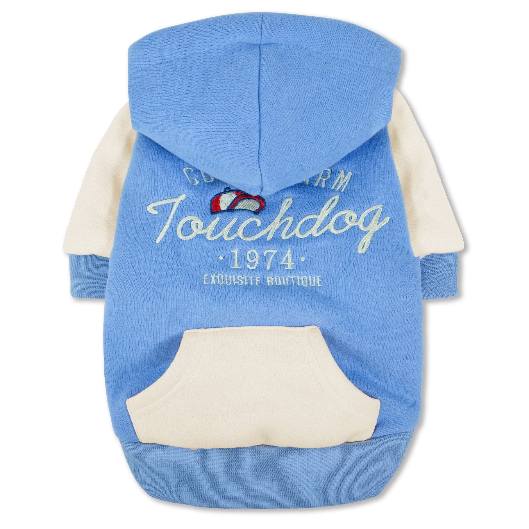 Blue soft-cotton dog hoodie sweater, hood up, back graphic and cream pocket panel.