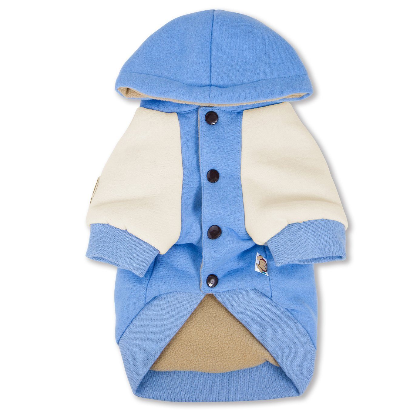 Blue dog hoodie sweater with hood, snap-button placket, cream side panels, front view.