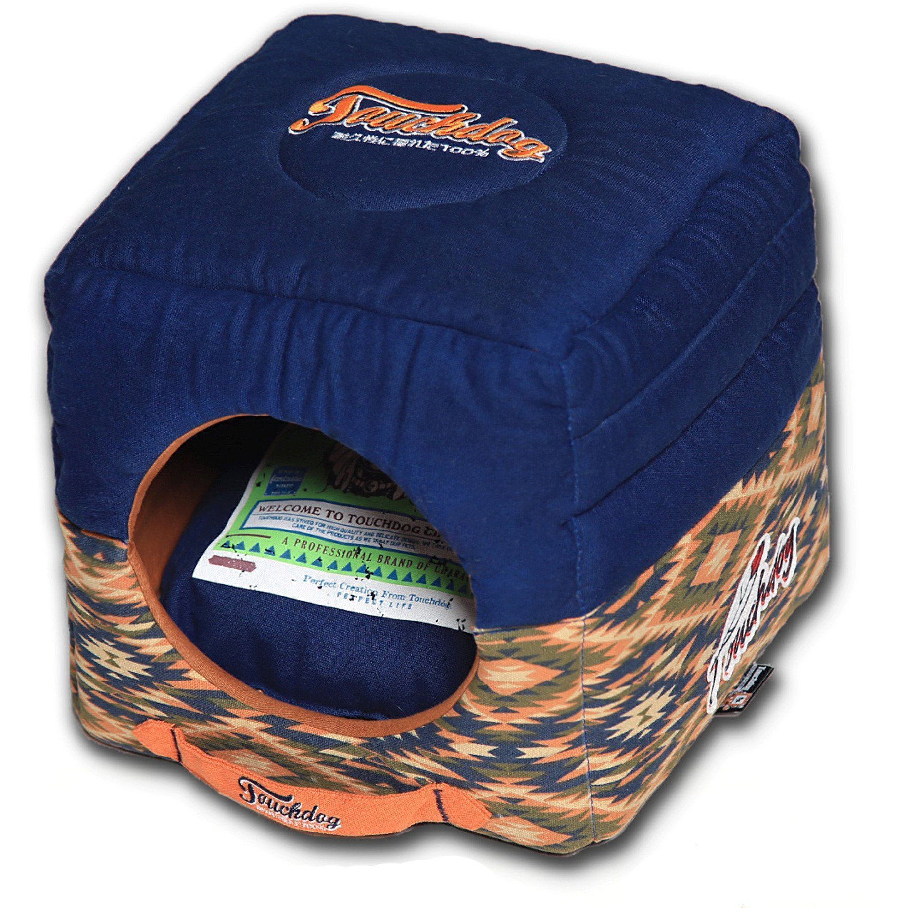 Midnight Blue collapsible square pet bed with oval tunnel opening and tribal print sides