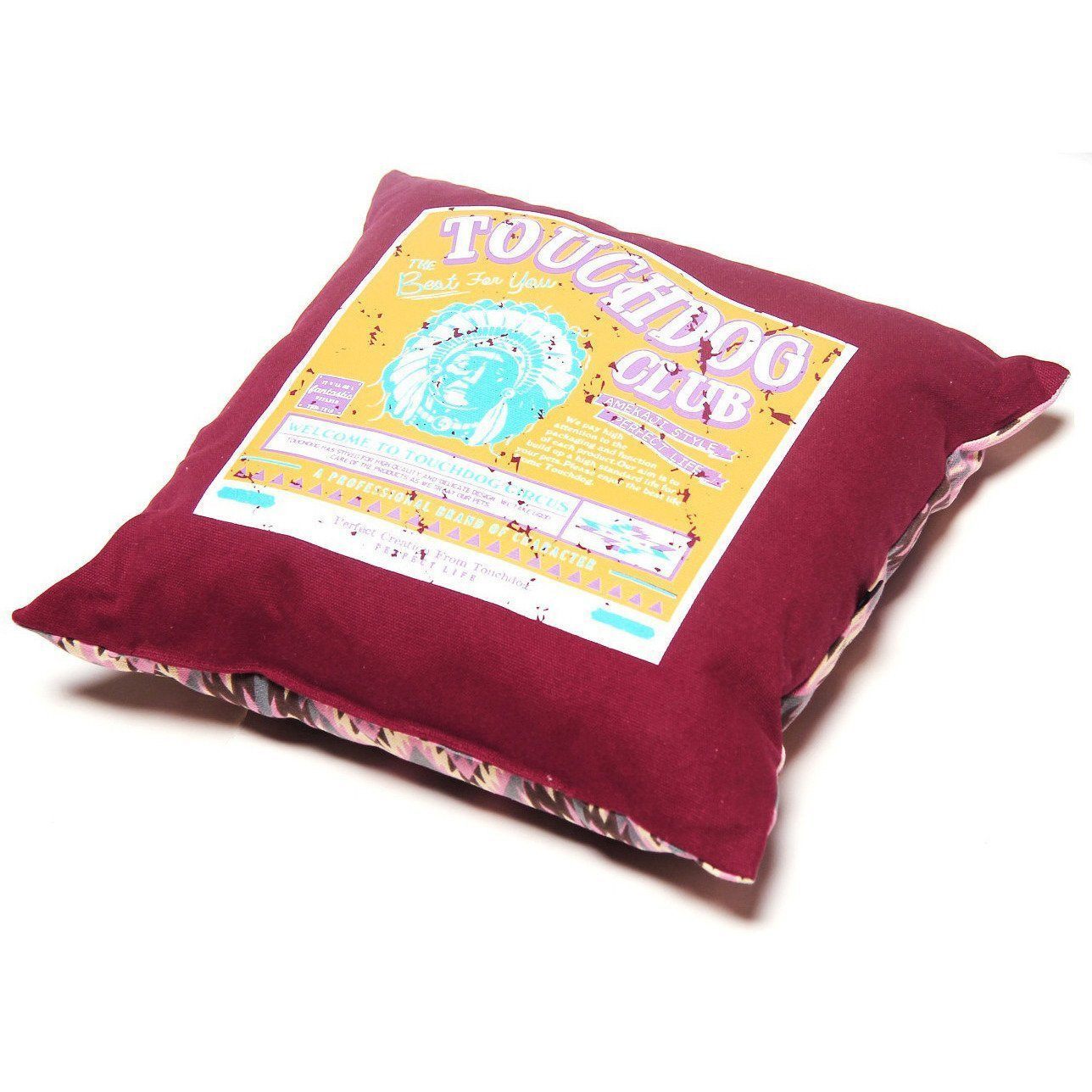 Square cushion pillow for pet bed with burgundy fabric and graphic patch