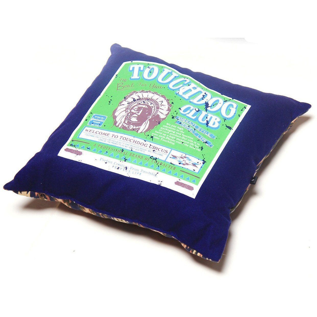 Square cushion pillow for pet bed, graphic patch and solid navy fabric with tribal trim
