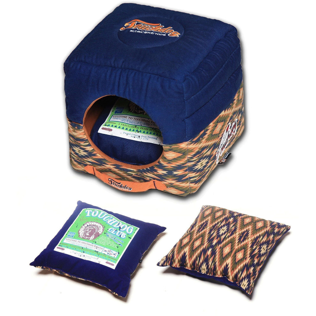 Midnight Blue collapsible square pet bed with oval tunnel opening plus matching tribal cushion