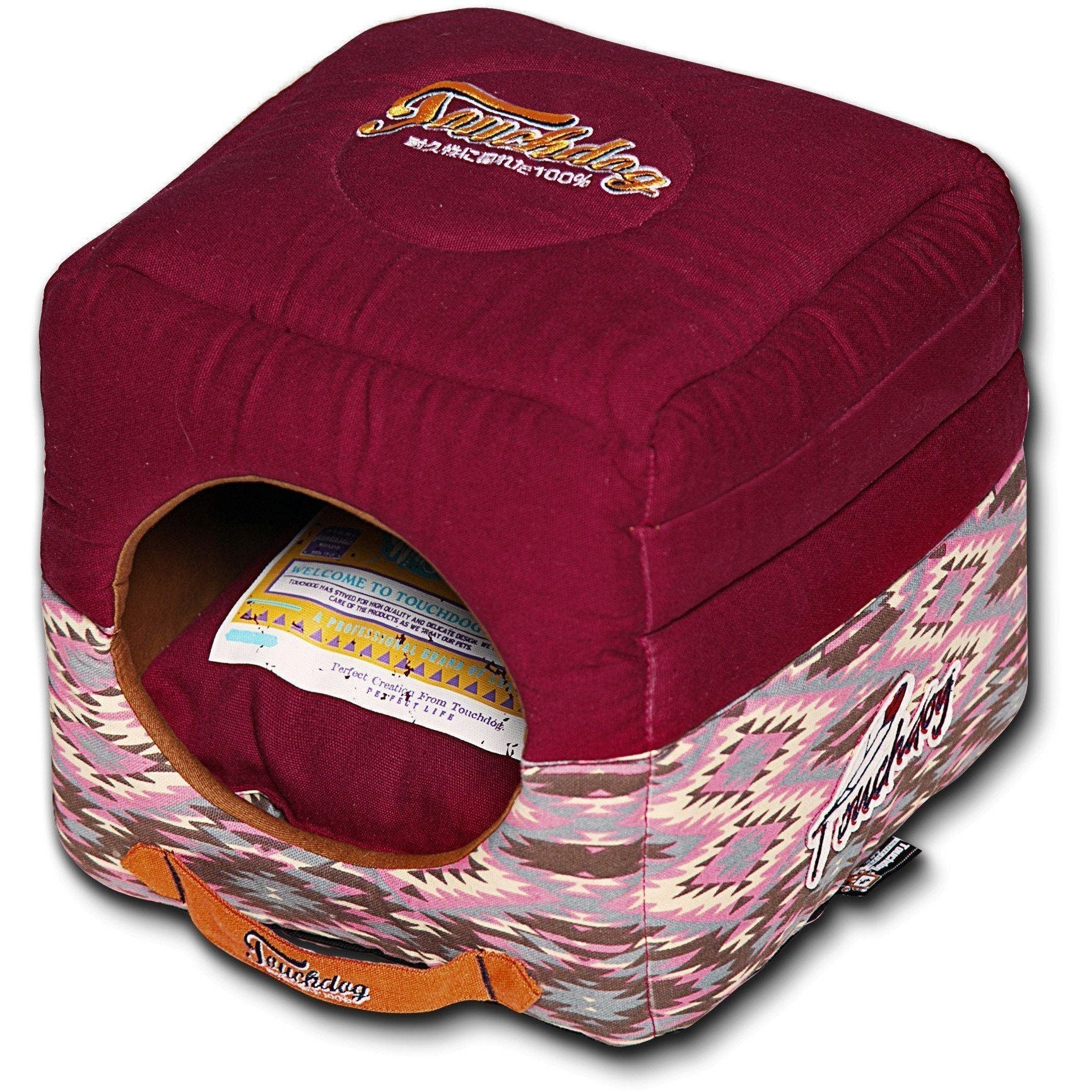 Sangria Pink collapsible square pet bed with oval tunnel opening and tribal print sides