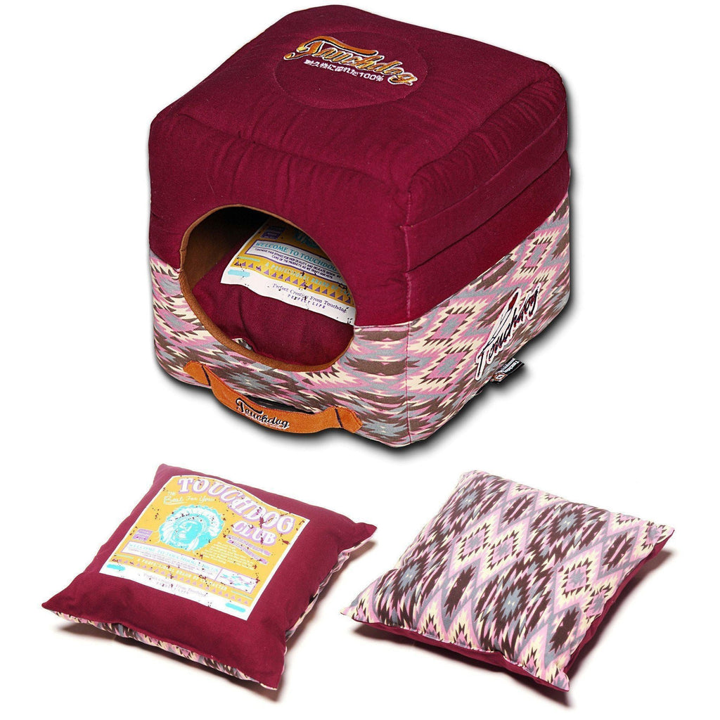Sangria Pink 2-in-1 collapsible pet bed with oval tunnel opening, tribal base and pillow