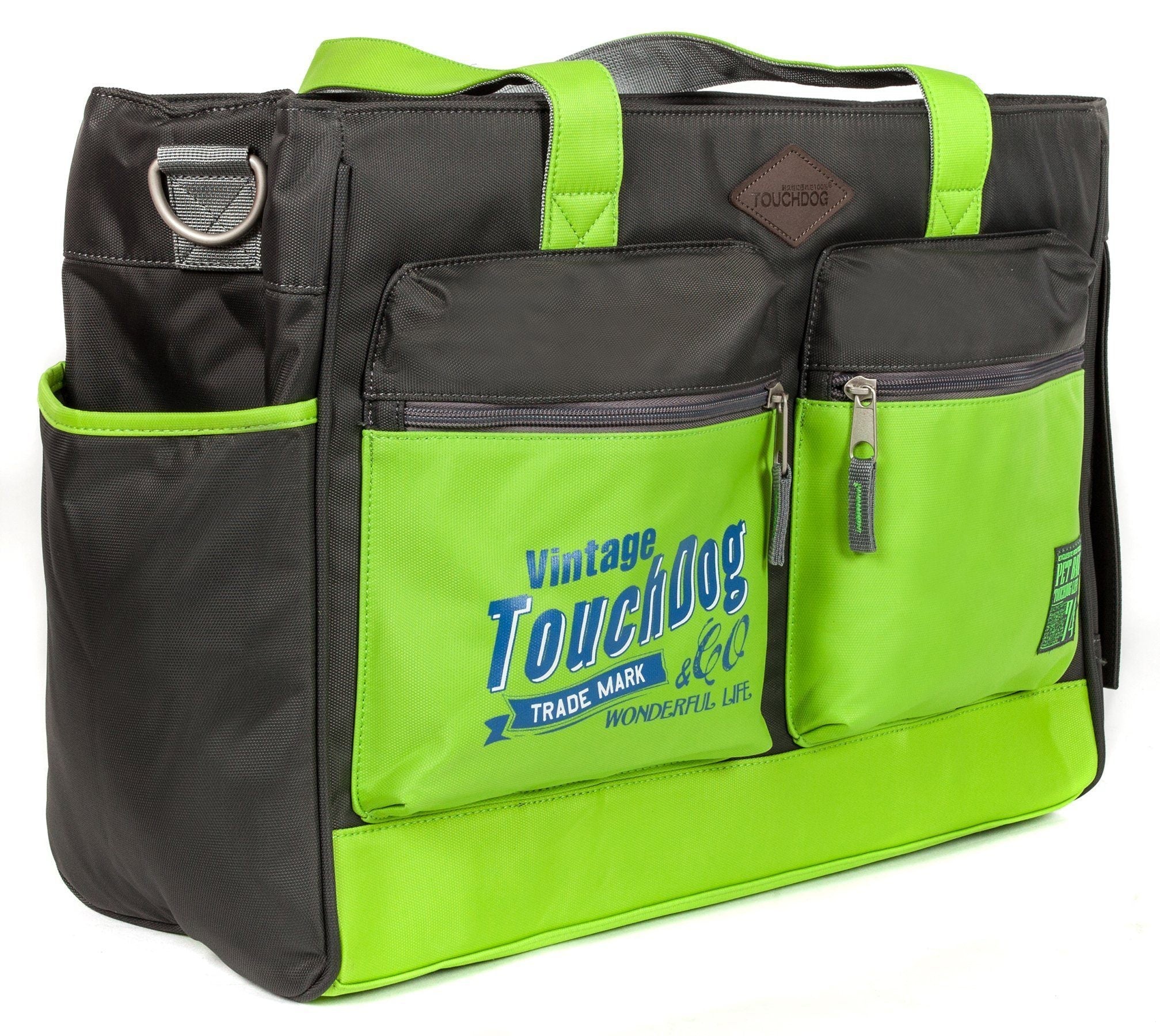 Black pet dog carrier bag with lime green panels, front zip pockets, and shoulder strap