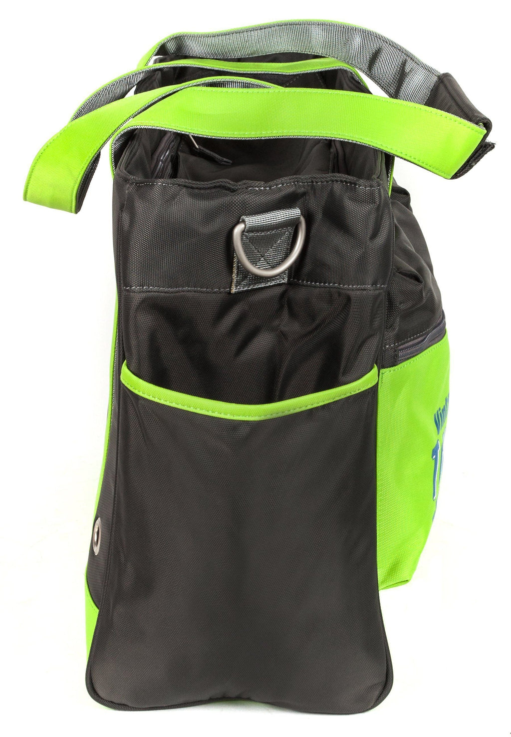 Dog carrier tote, black with bright neon green trim; padded handles, front organizer pocket