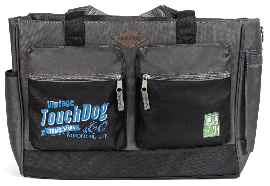 Black water-resistant pet dog carrier bag with two front zip pockets and side strap