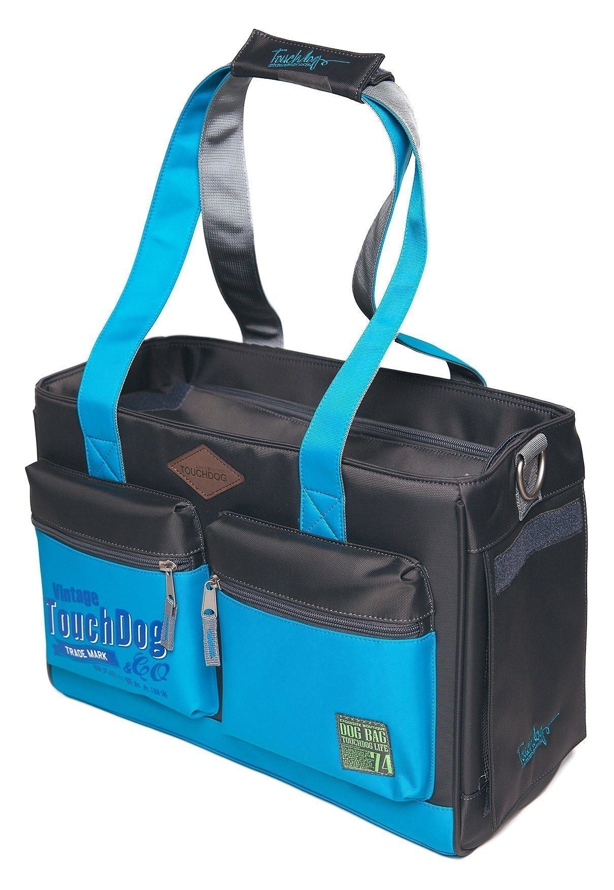 Blue pet dog carrier bag with black trim, handles, and front zip compartment