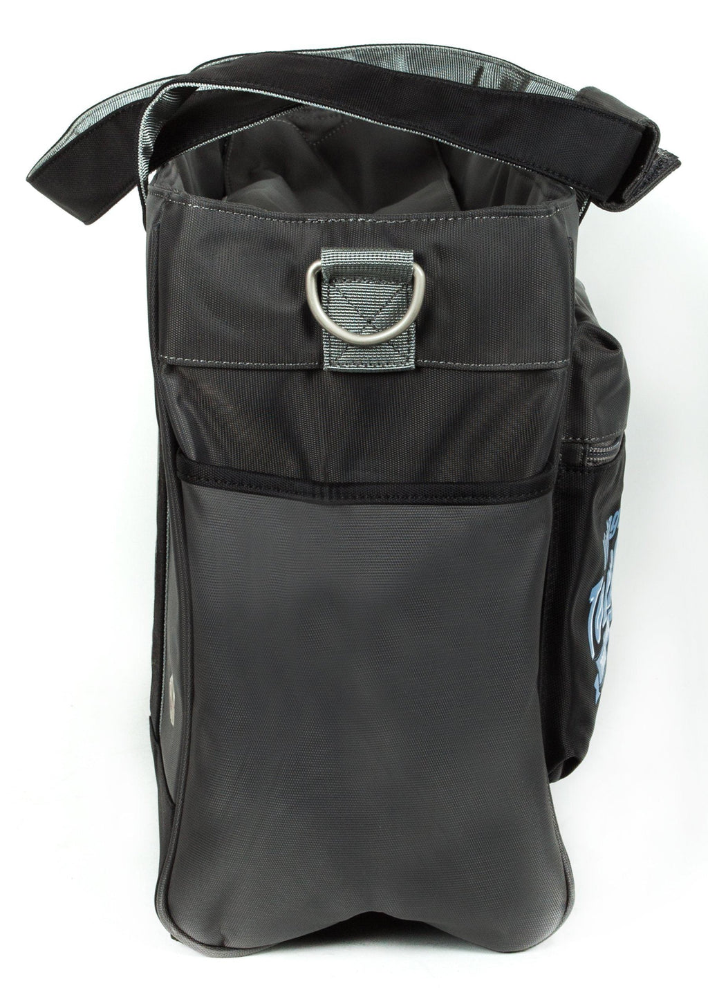 Black pet dog carrier bag with top opening and front pocket; sturdy handles and metal D-ring