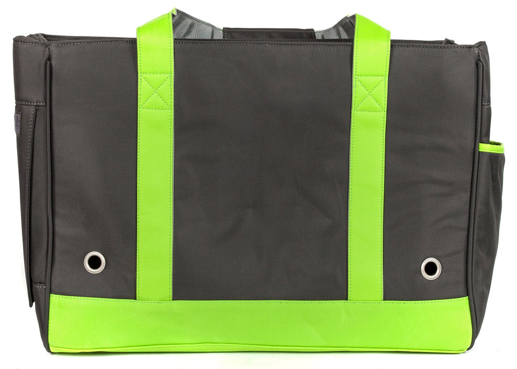 Black pet dog carrier bag back panel with lime green bottom and grommet vents