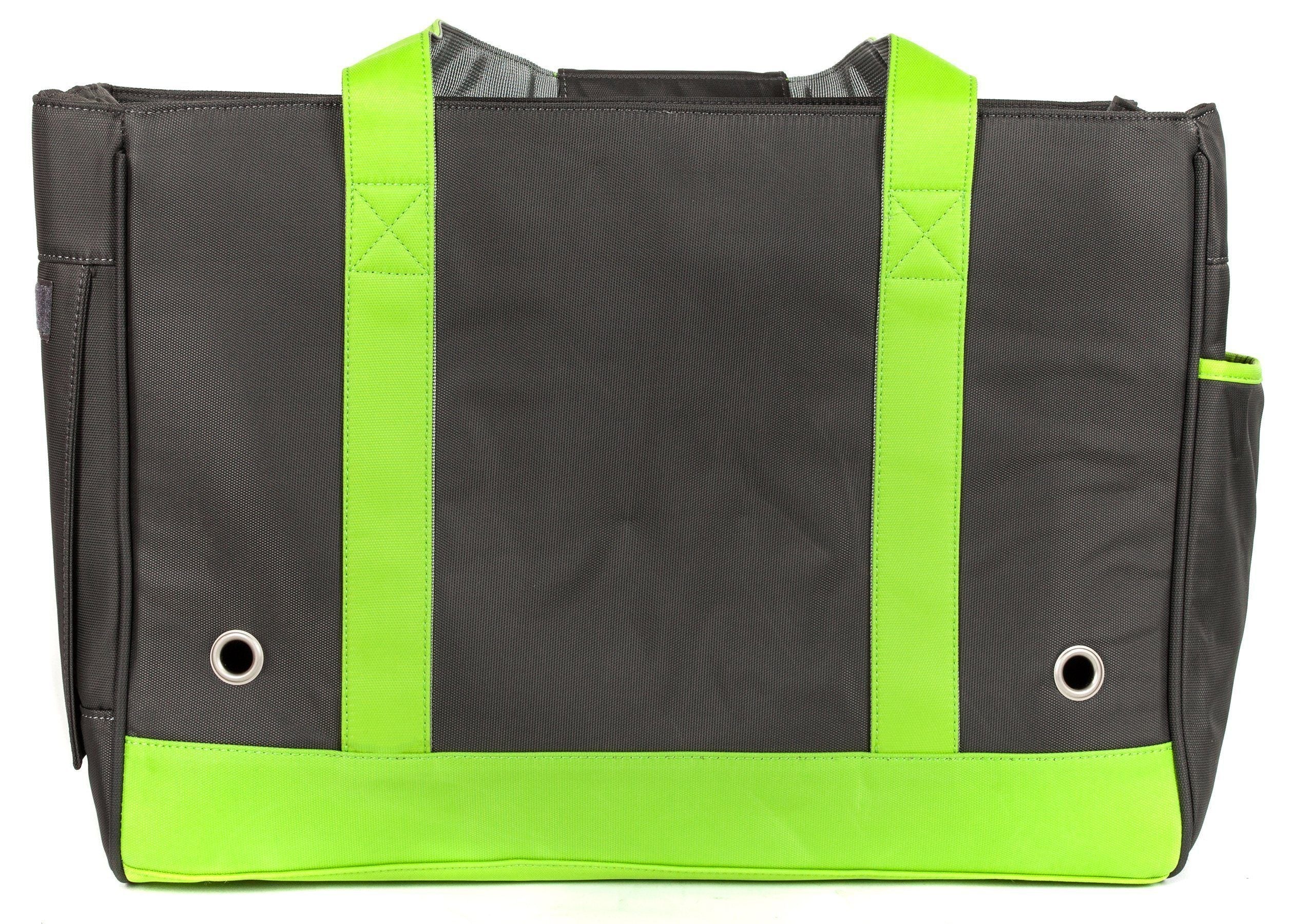 Black pet dog carrier bag back panel with lime green bottom and grommet vents