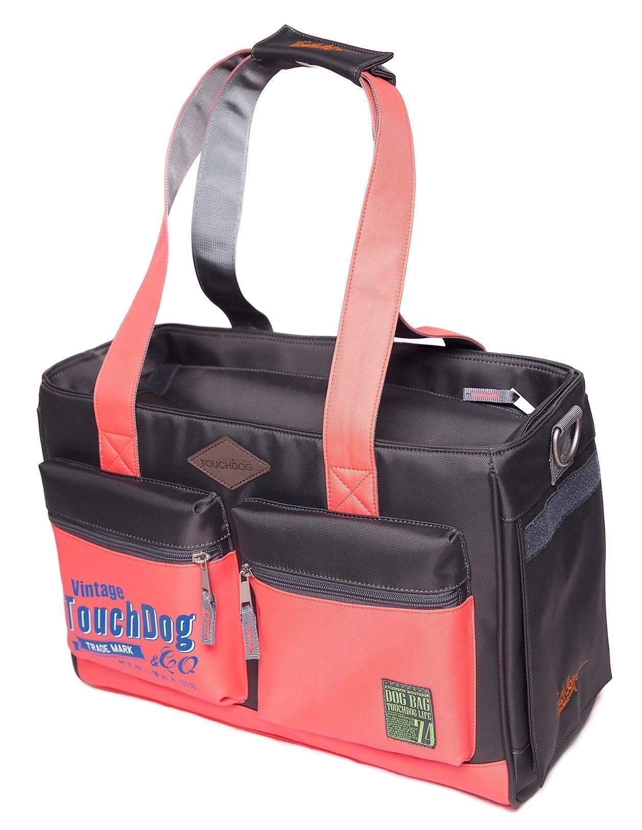 Black and coral-red pet dog carrier bag with front zip pockets and carry handle