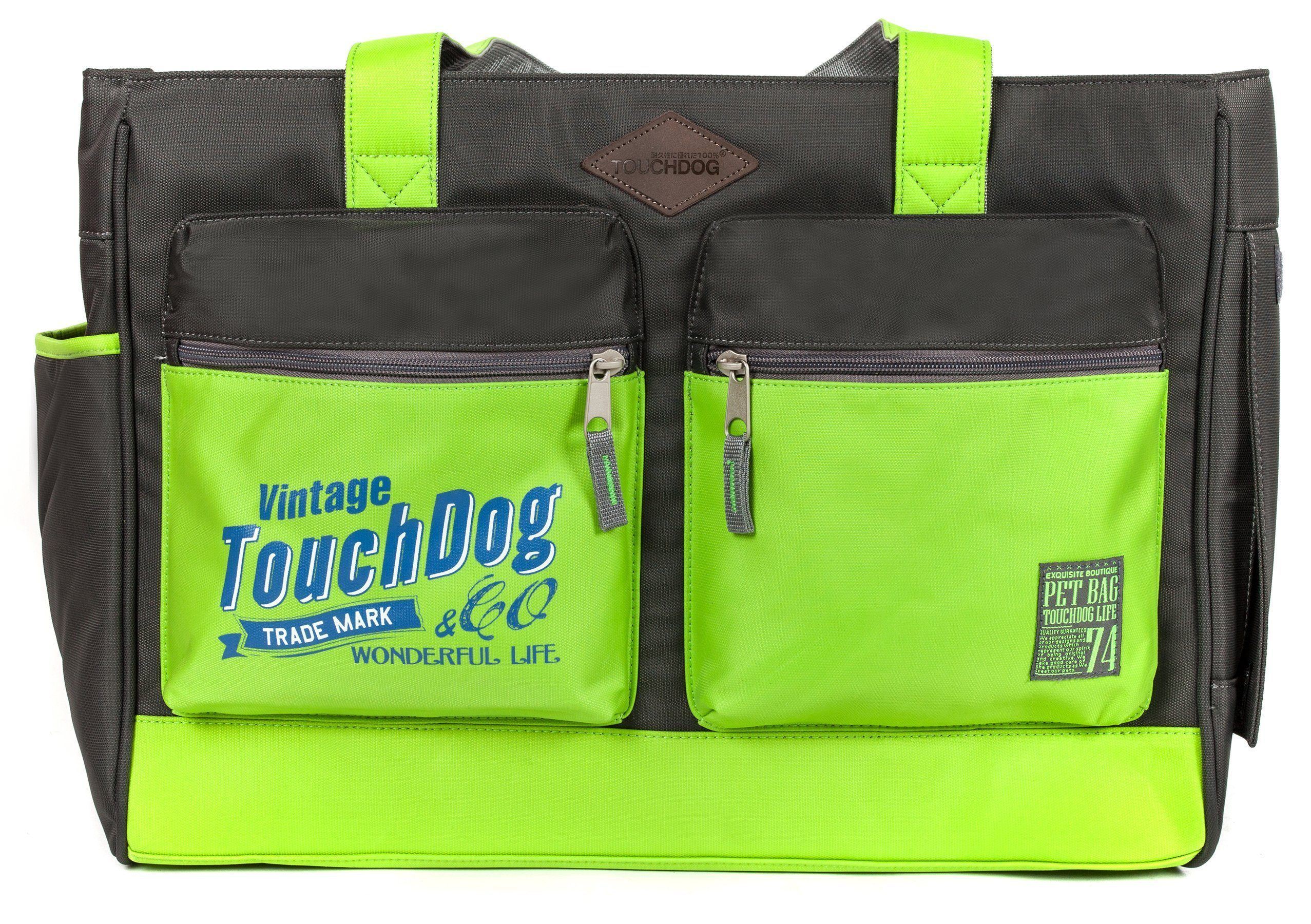 Black pet dog carrier bag with bright lime green front panels and two zip pockets