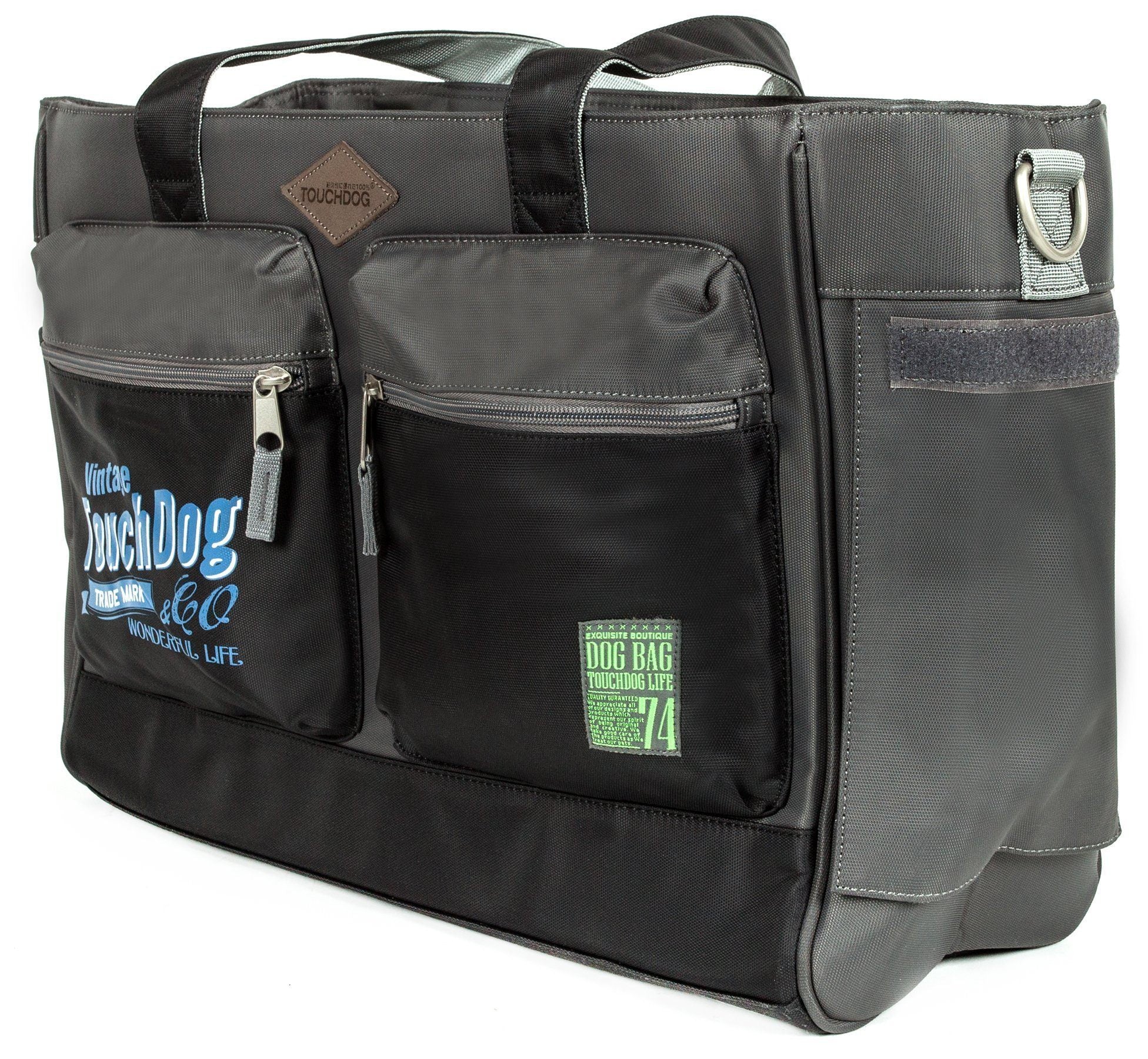 Dark gray/black pet dog carrier tote with front zip pockets and two carry handles