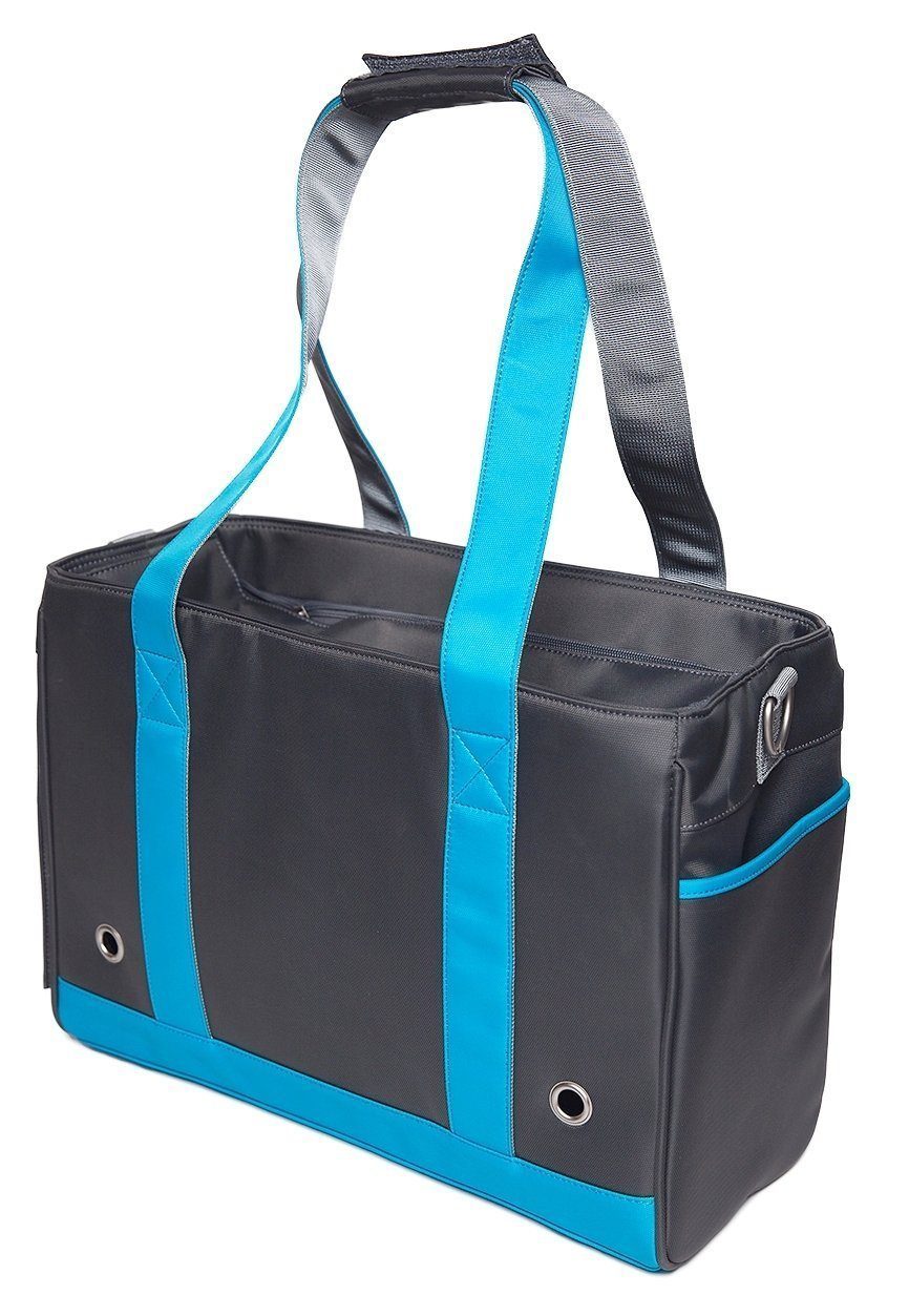 Dog carrier tote in black with turquoise trim; padded handles, top opening, side zipper pocket