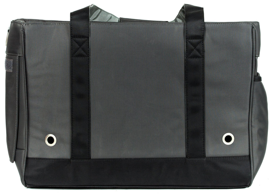 Black pet dog carrier bag back panel with grommet vents and side carry handles