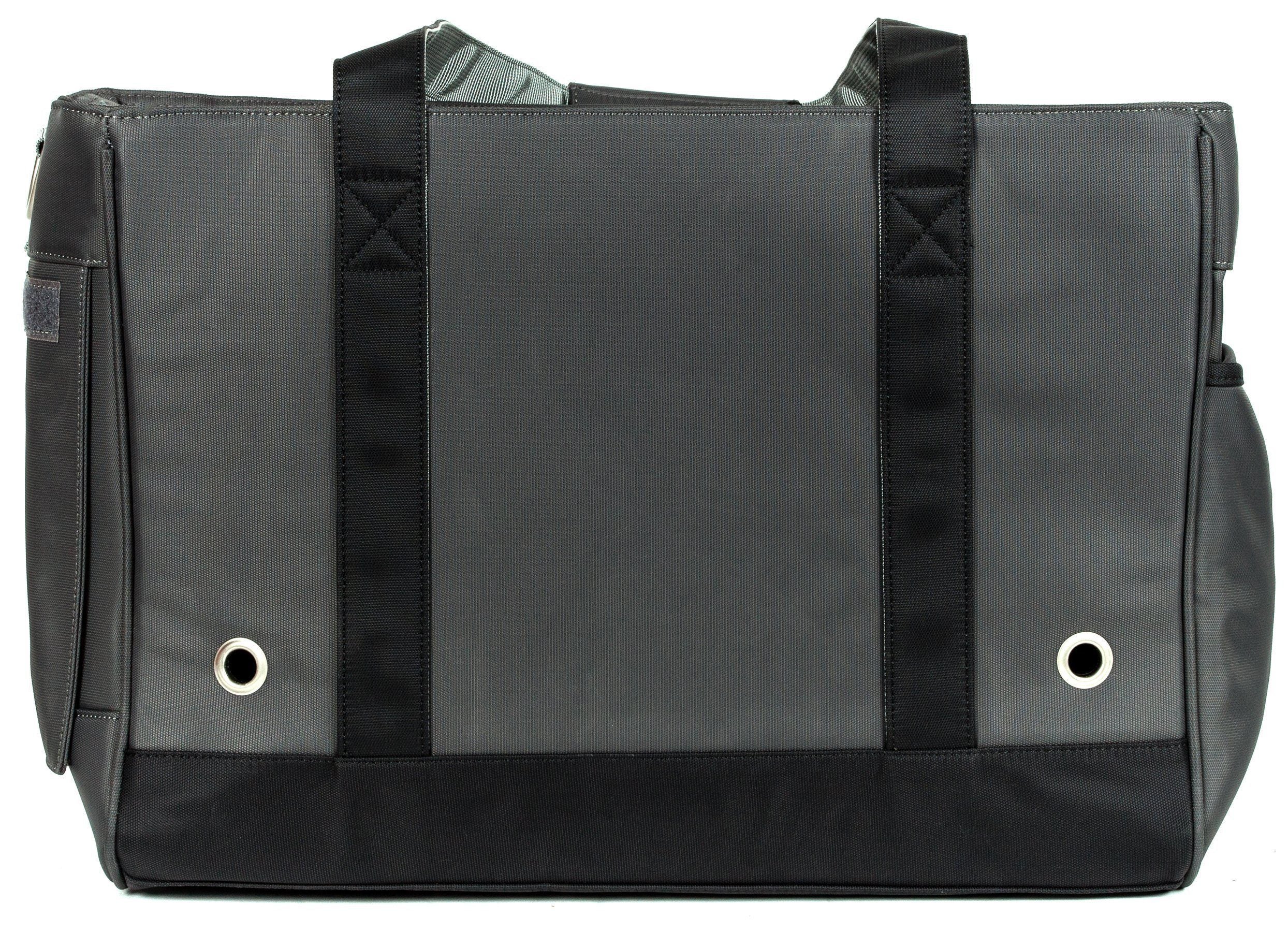Black pet dog carrier bag back panel with grommet vents and side carry handles