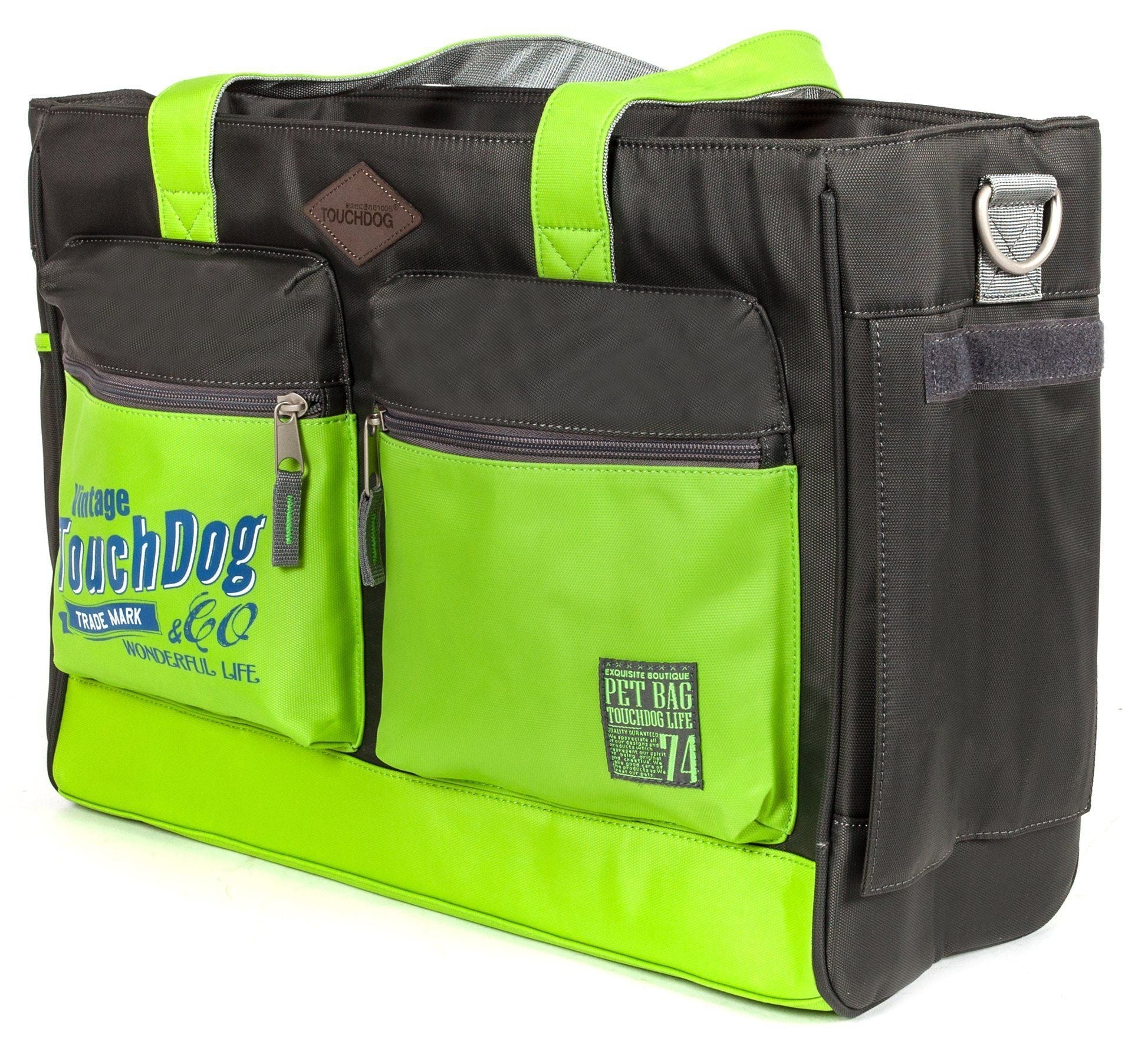 Pet dog carrier tote in black with yellow-green front panel and side zip pockets