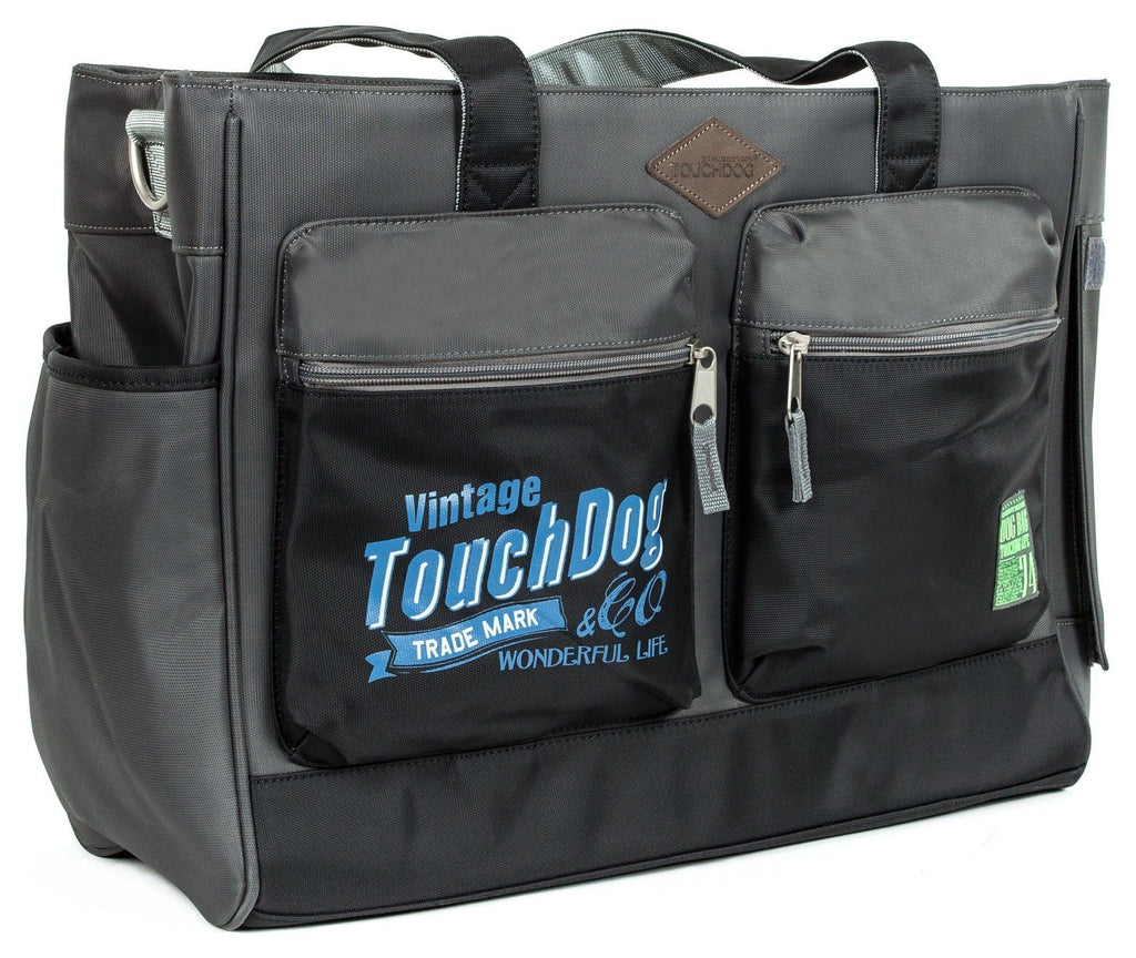 Dark gray pet dog carrier bag with front zip pockets and top handle