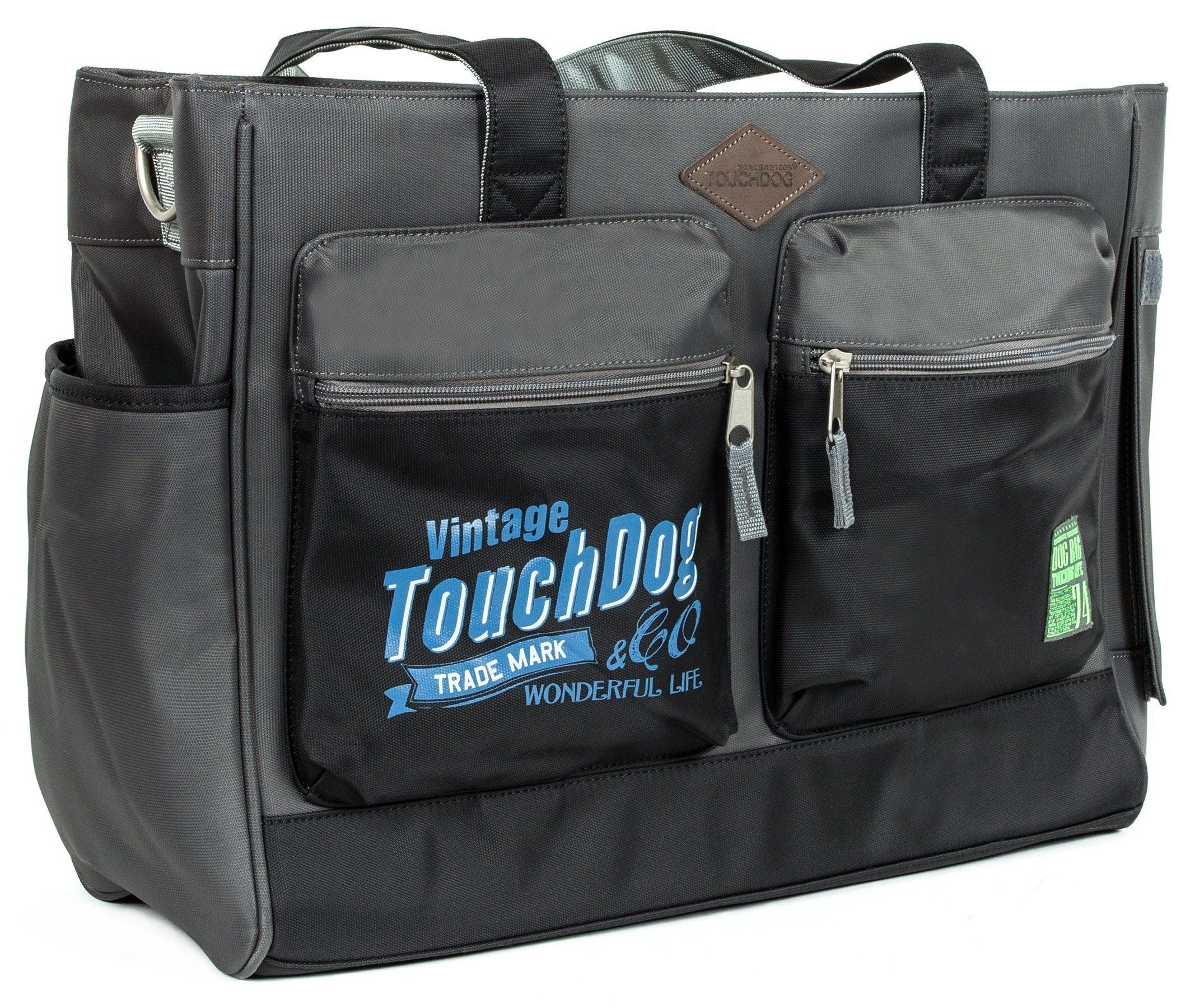 Dark gray pet dog carrier bag with front zip pockets and top handle