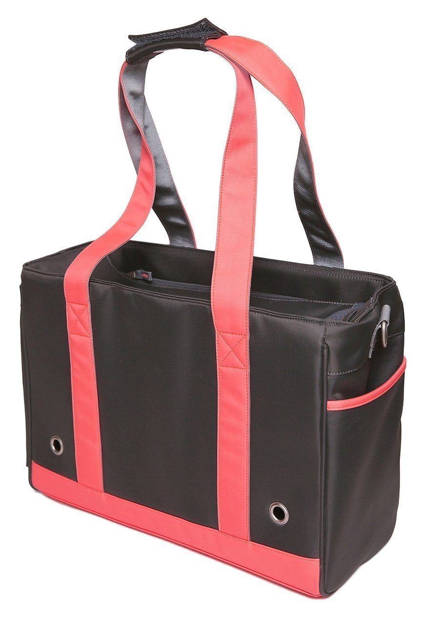 Water-resistant dog carrier tote, black with pink trim; padded handles and zipper front pockets