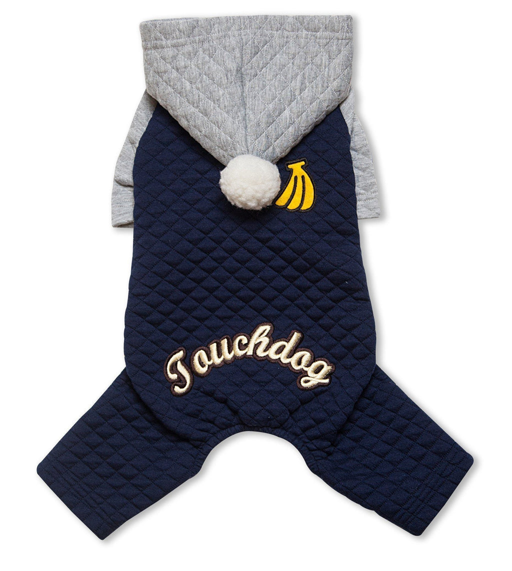 Navy/grey quilted full-body hooded dog sweater with pom-pom and embroidered logo