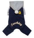 Navy/grey quilted full-body hooded dog sweater with pom-pom and embroidered logo