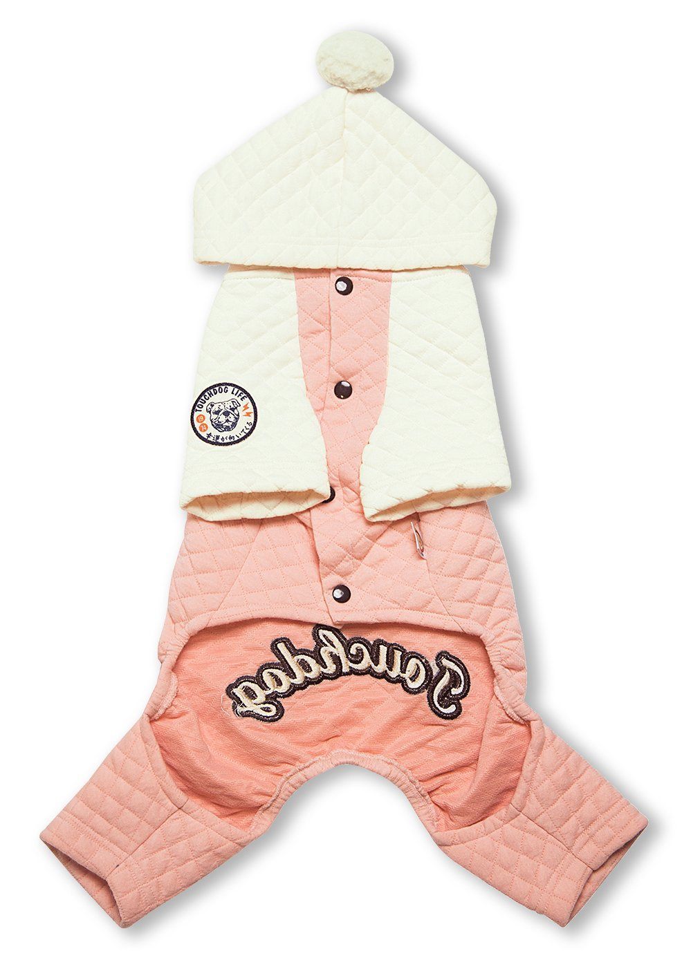 Cream and pink quilted full-body hooded dog sweater with pom-pom, buttons, logo
