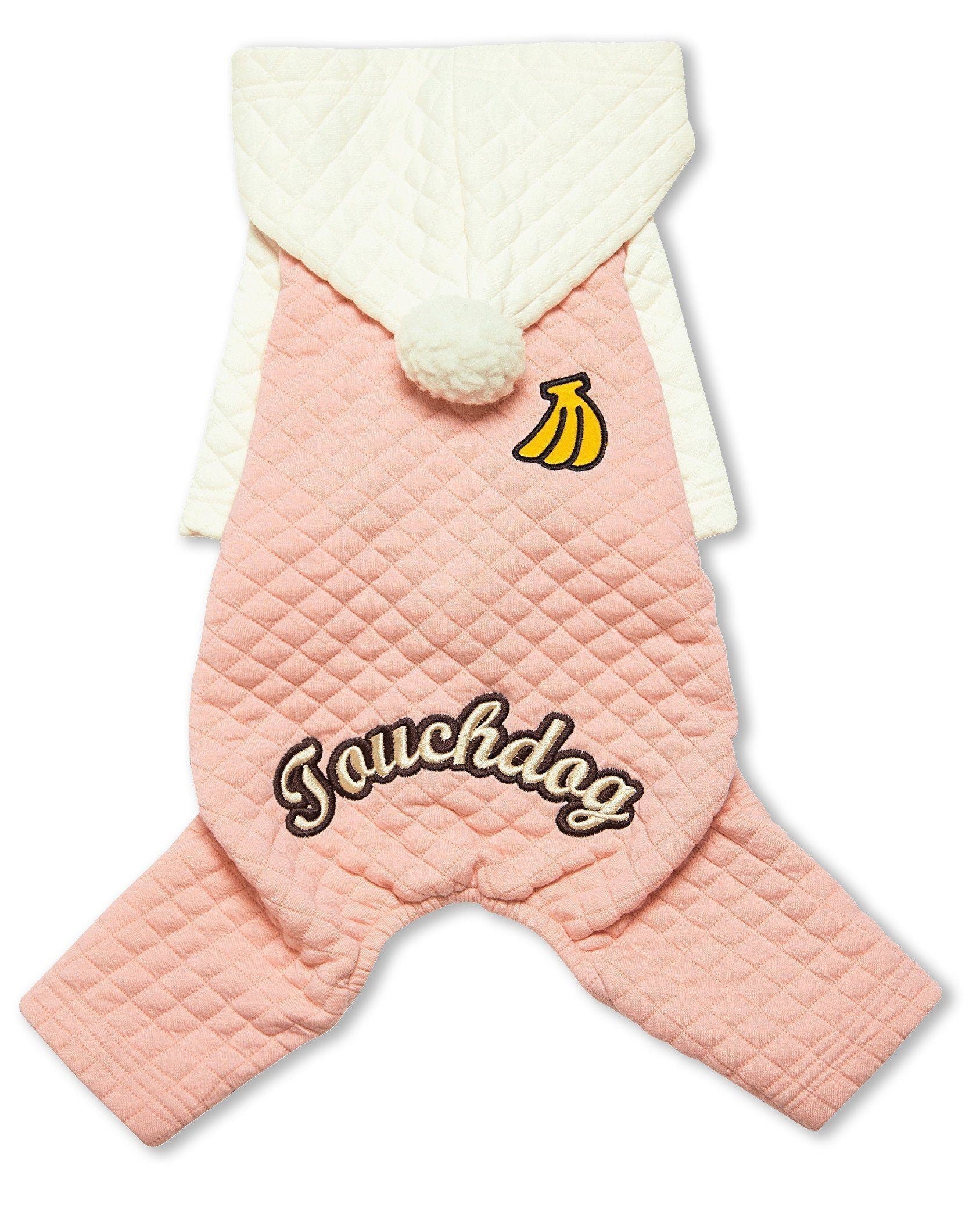 Pink/white quilted full-body hooded dog sweater with pom-pom and embroidered logo