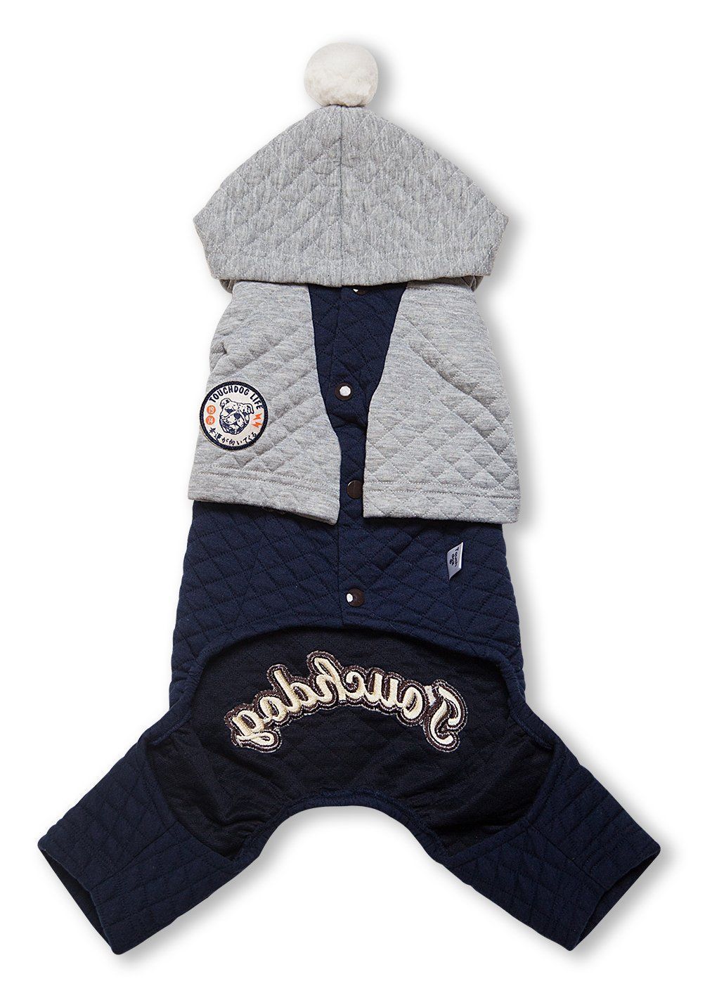 Grey and navy quilted full-body hooded dog sweater with pom-pom, buttons, logo
