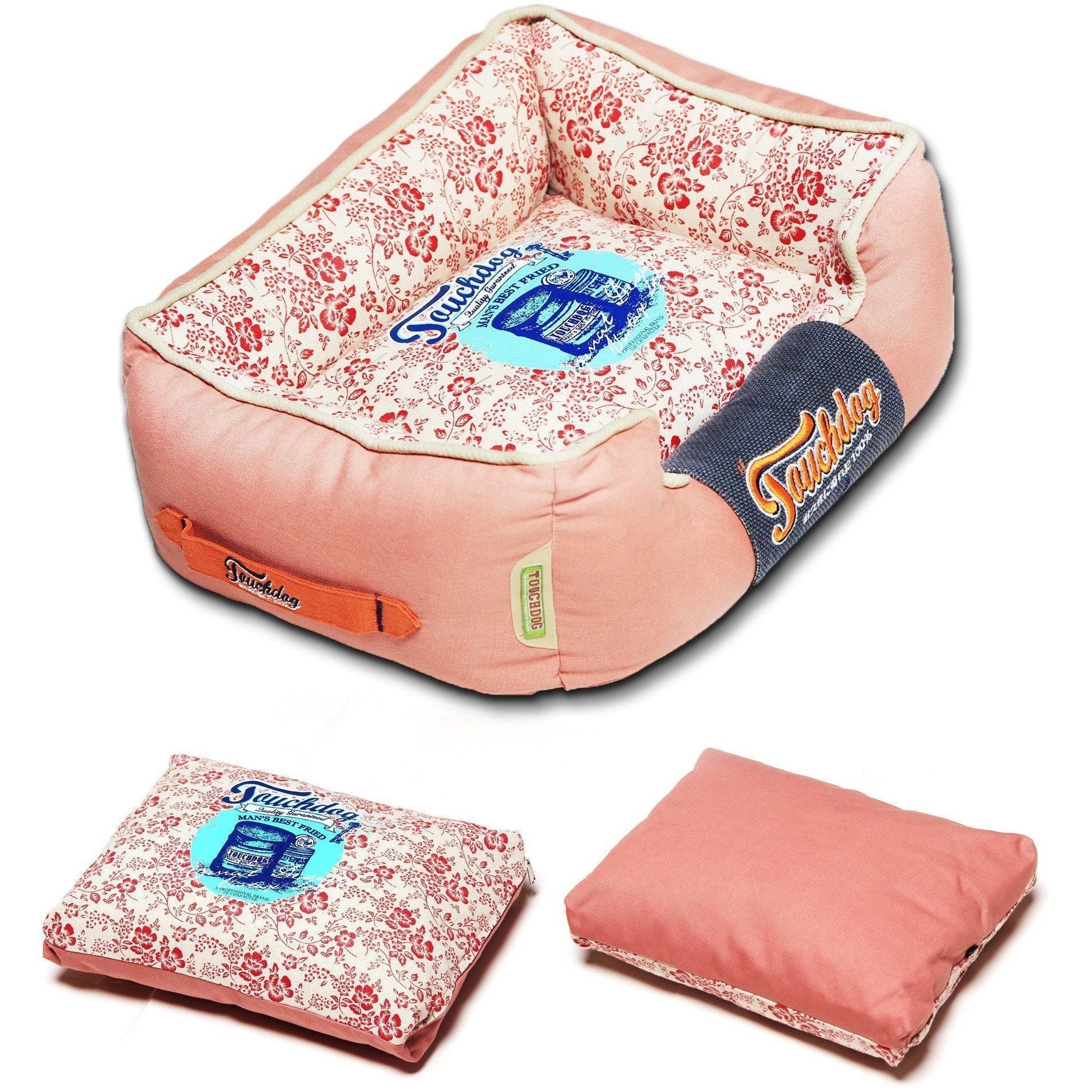 Touchdog Floral-Galoral Vintage Floral Rectangular Designer Dog Bed — Washable Poly-Fill, M & L, 3 Colors