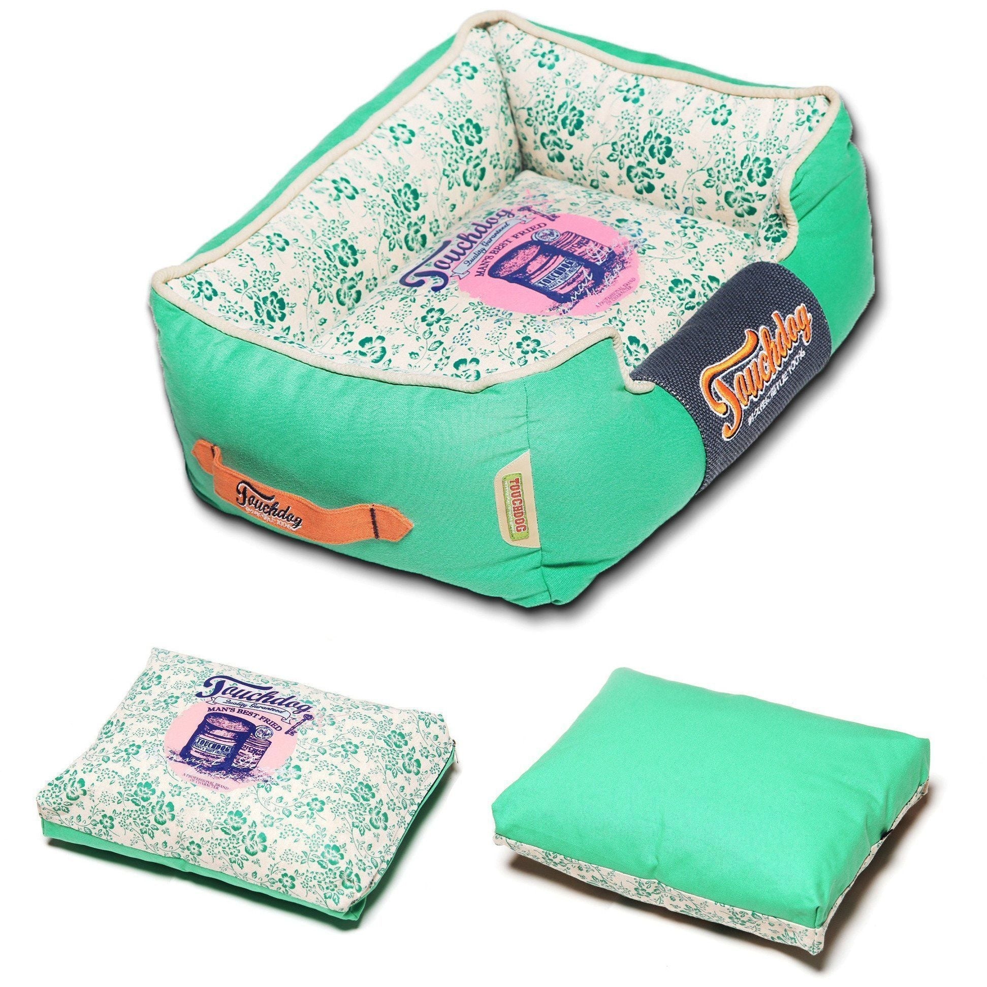 Touchdog Floral-Galoral Vintage Floral Rectangular Designer Dog Bed — Washable Poly-Fill, M & L, 3 Colors