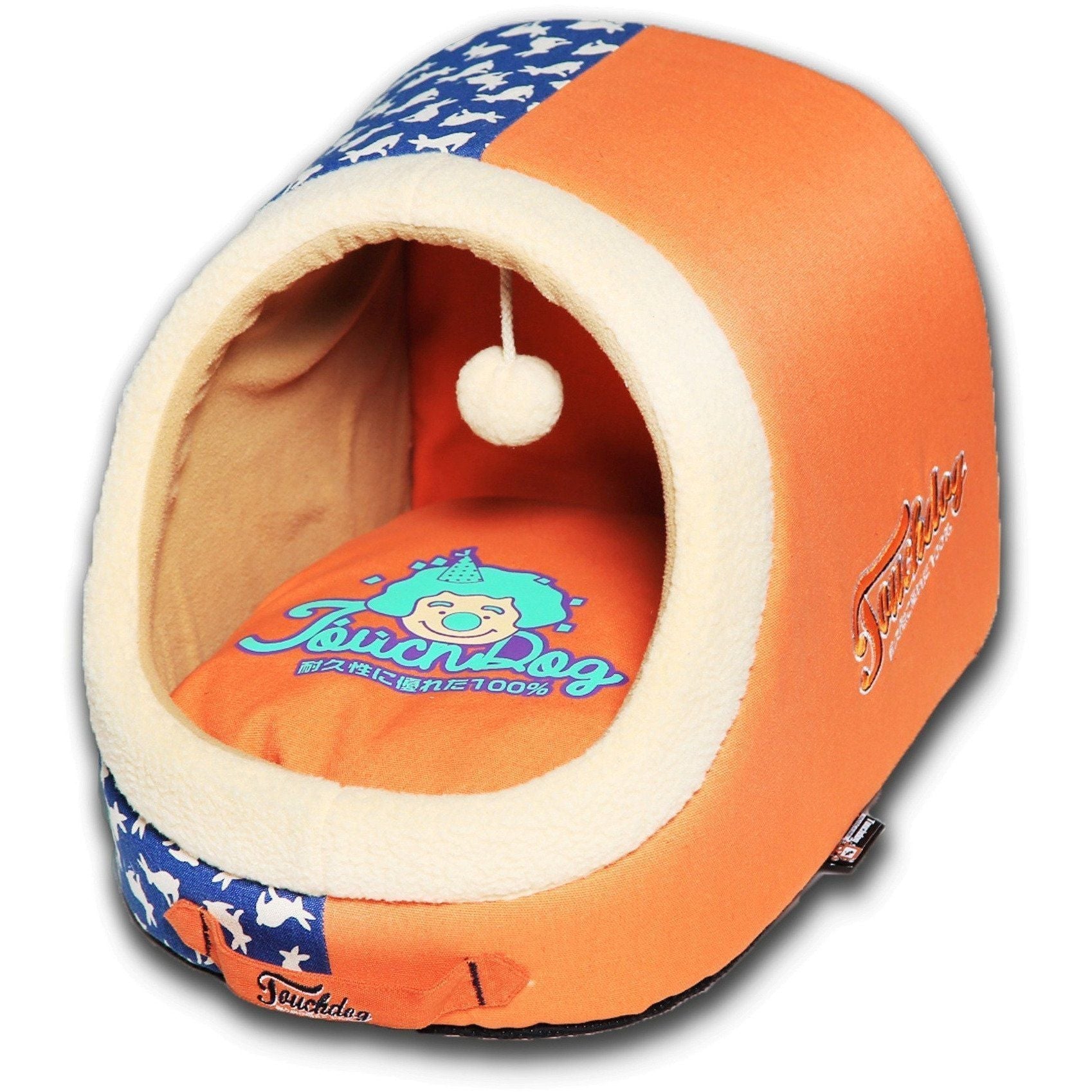 Orange panoramic cat bed with plush rim, open tunnel, and hanging pom teaser toy