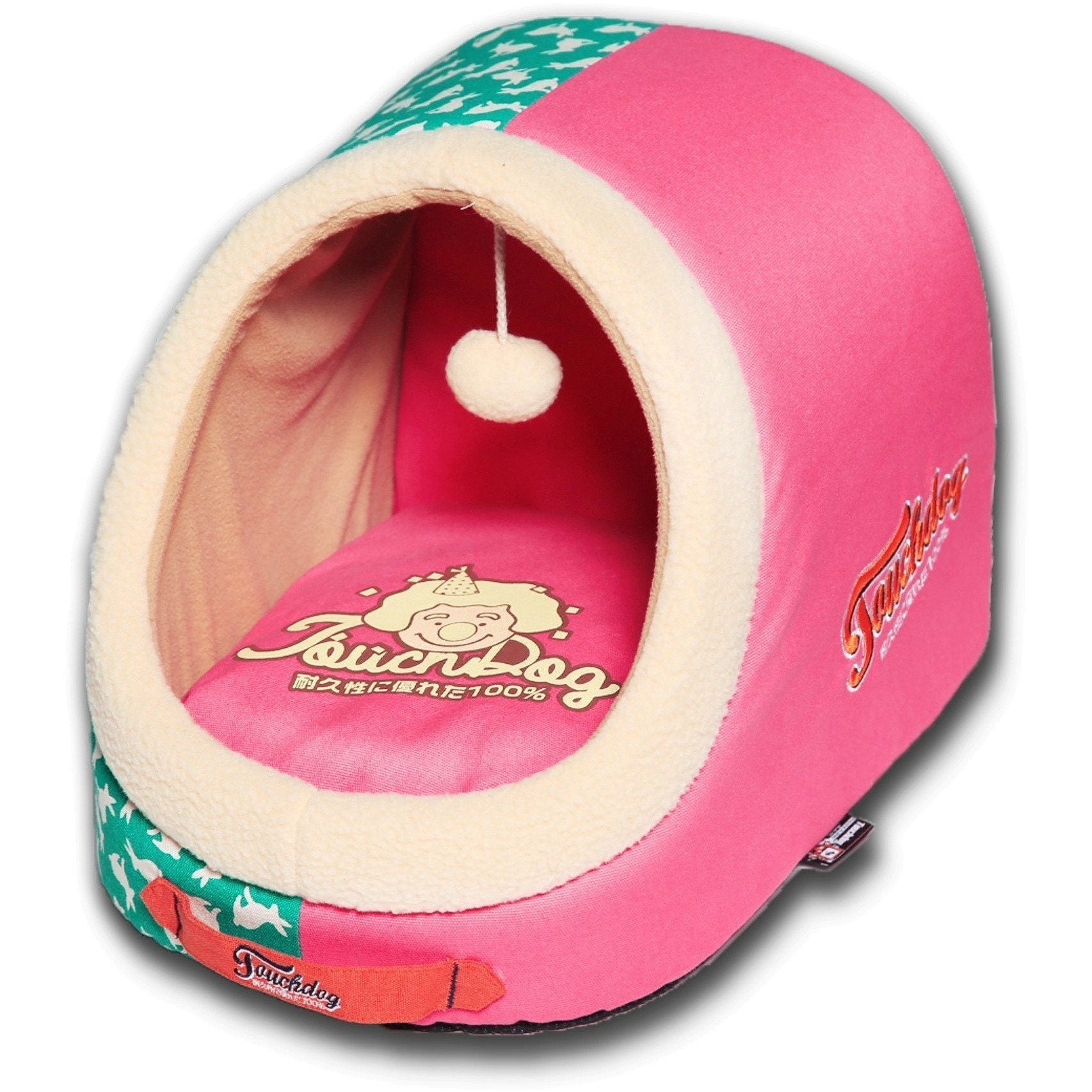 Pink panoramic cat bed close-up of tunnel entrance with hanging pom teaser toy