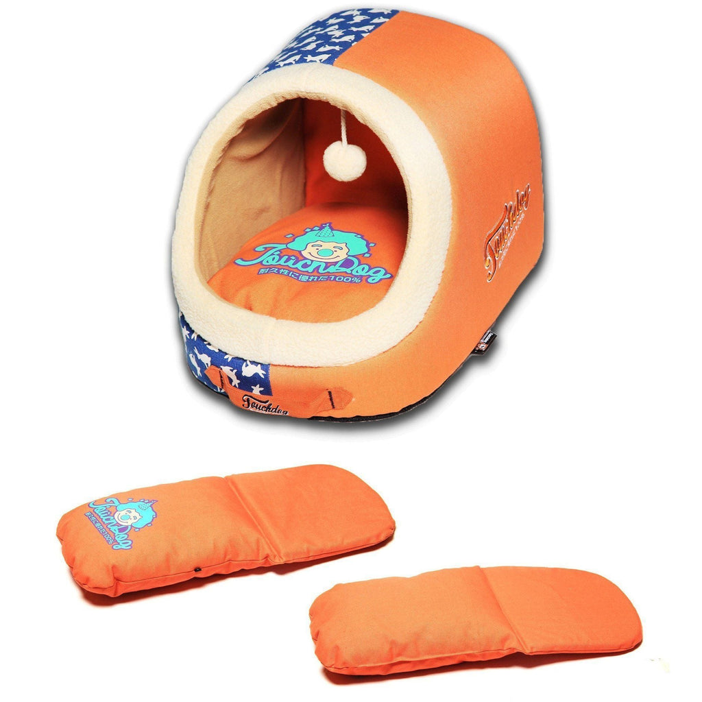 Orange panoramic cat bed showing tunnel opening and teaser pom toy