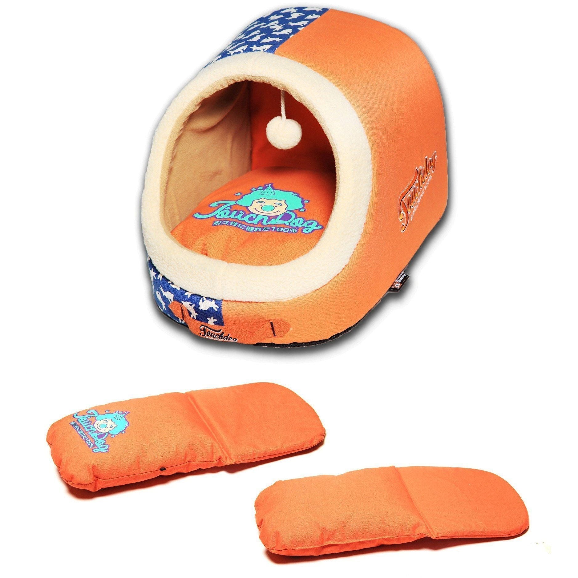 Orange panoramic cat bed showing tunnel opening and teaser pom toy