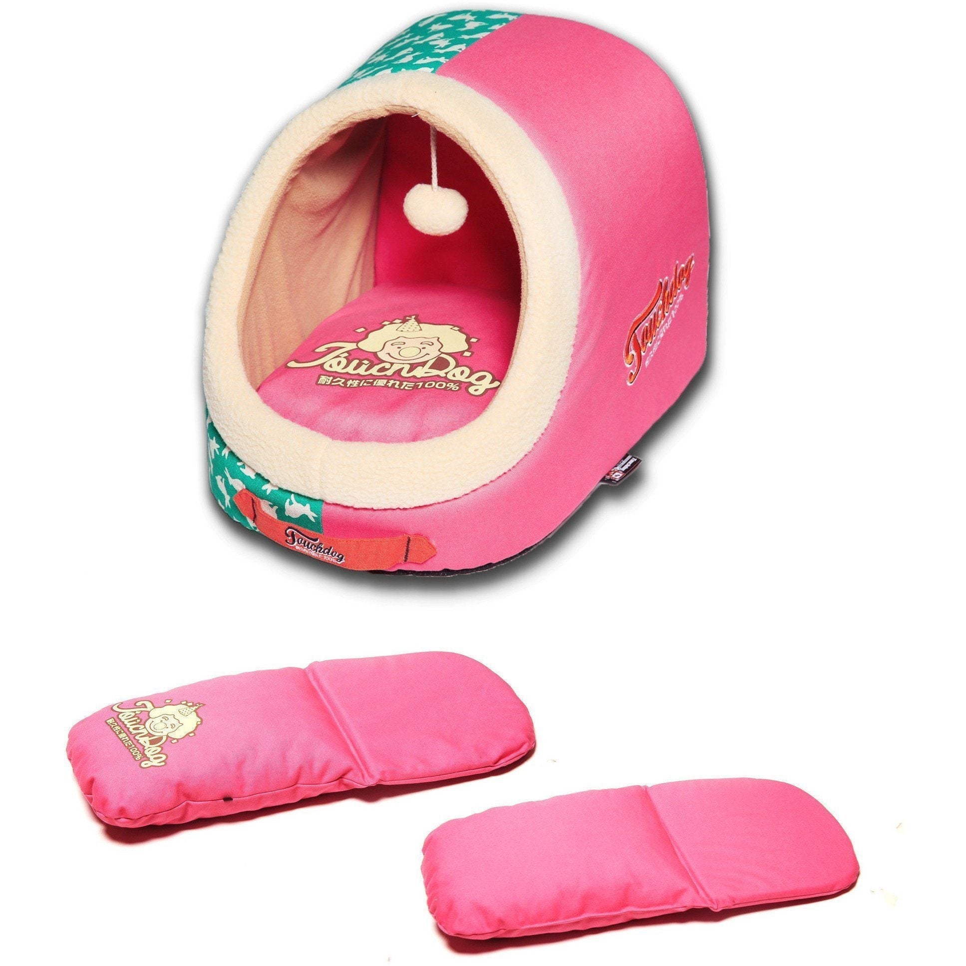 Pink panoramic cat bed with plush rim, open tunnel, and hanging pom teaser toy