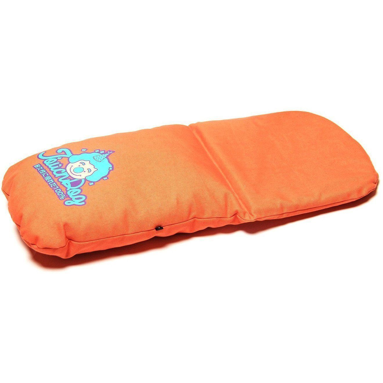 Orange panoramic cat bed cushion with printed logo on top surface