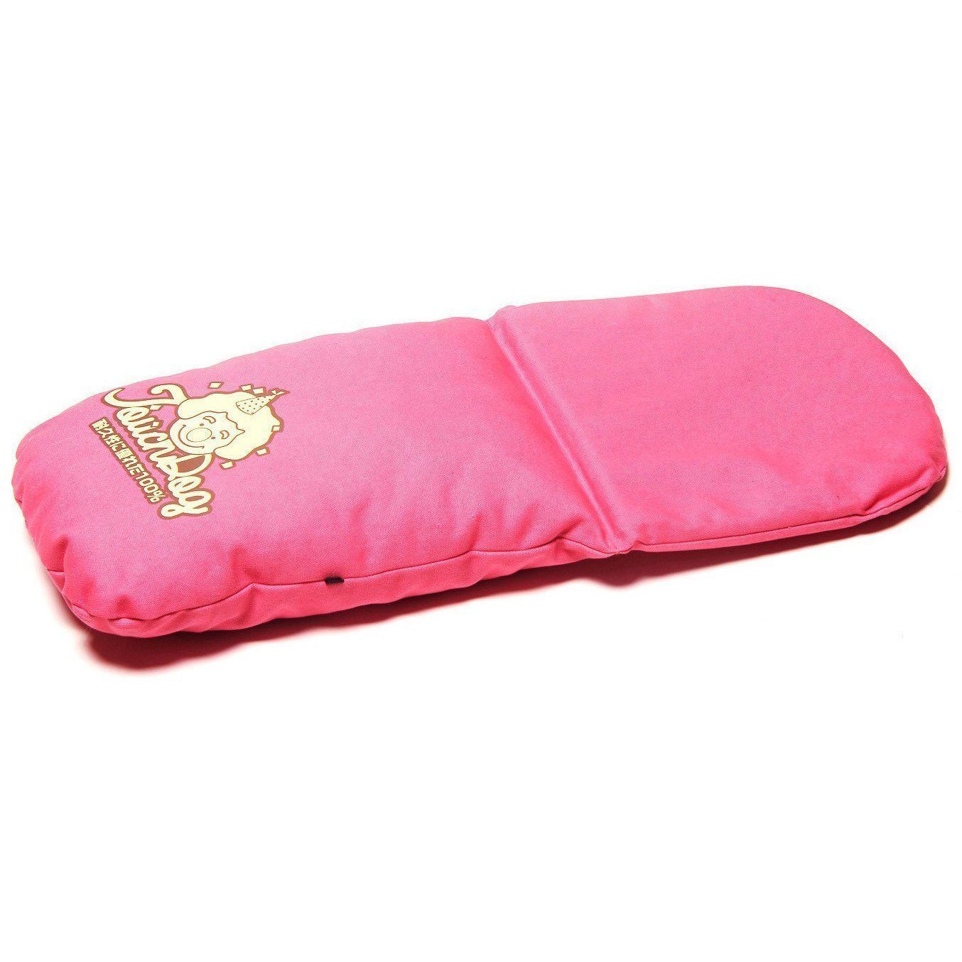 Pink panoramic cat bed cushion with printed logo on top surface