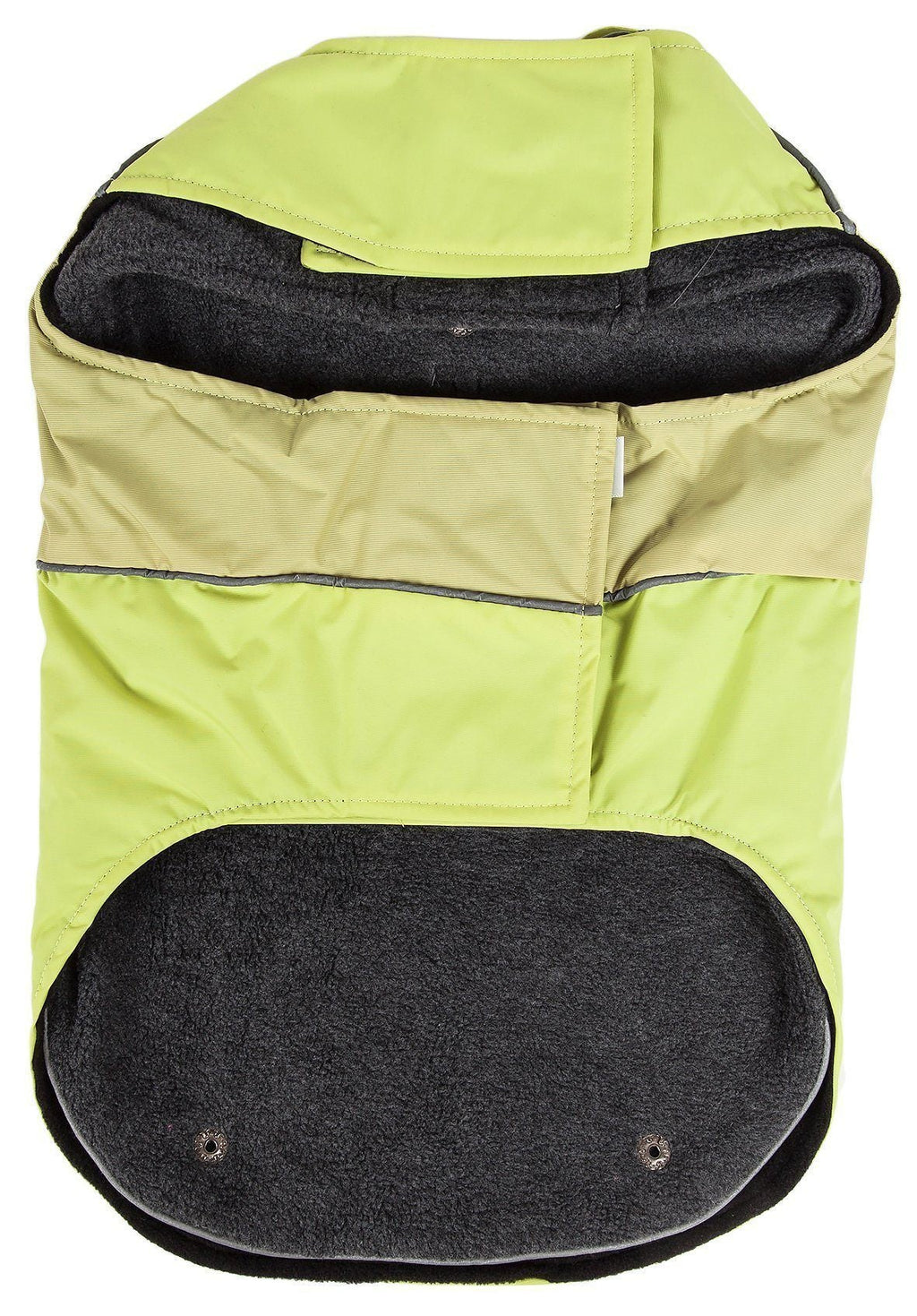 Two-tone lime green waterproof dog jacket with fleece-lined opening and snap closures