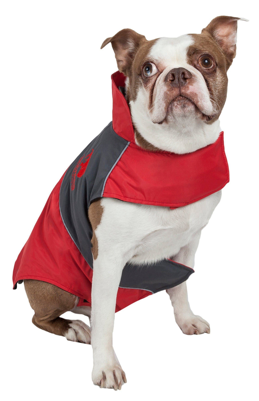Red and dark gray waterproof dog jacket with high collar and side closures