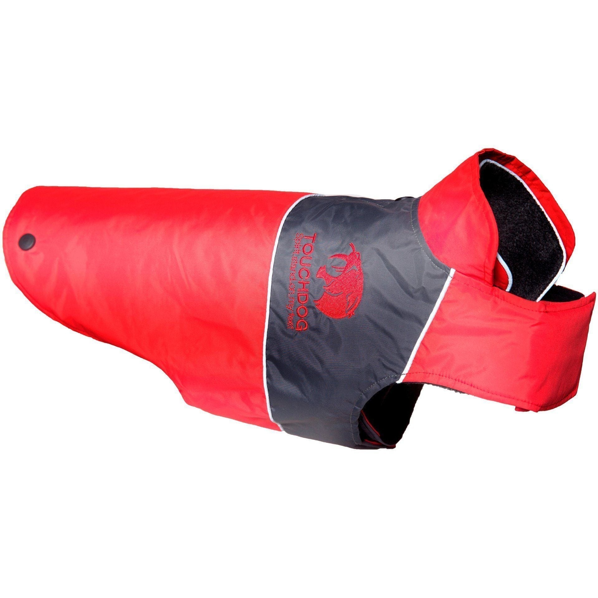 Red waterproof dog jacket with dark gray center panel and hood opening with black lining