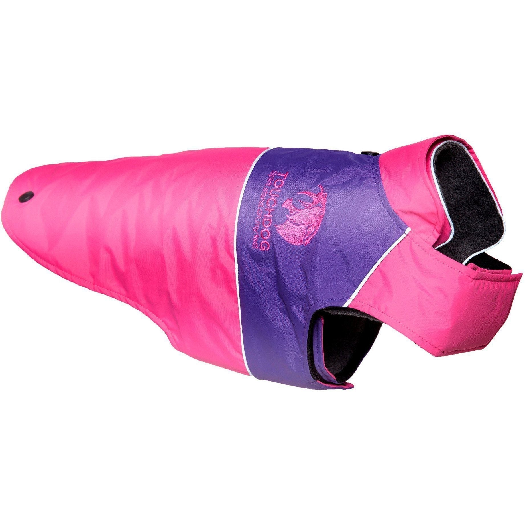 Pink waterproof dog jacket with purple center panel and hood opening for face