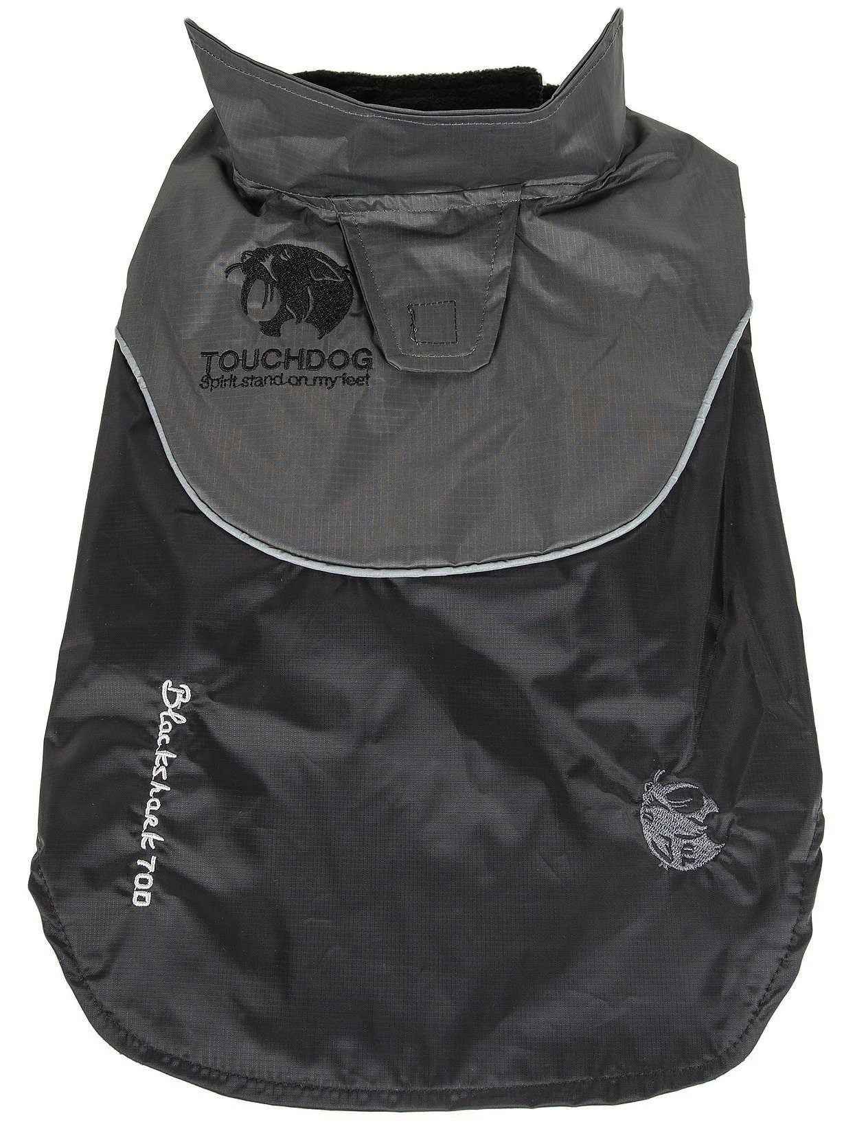 Black-gray waterproof dog jacket with Touchdog logo patch and snap strap