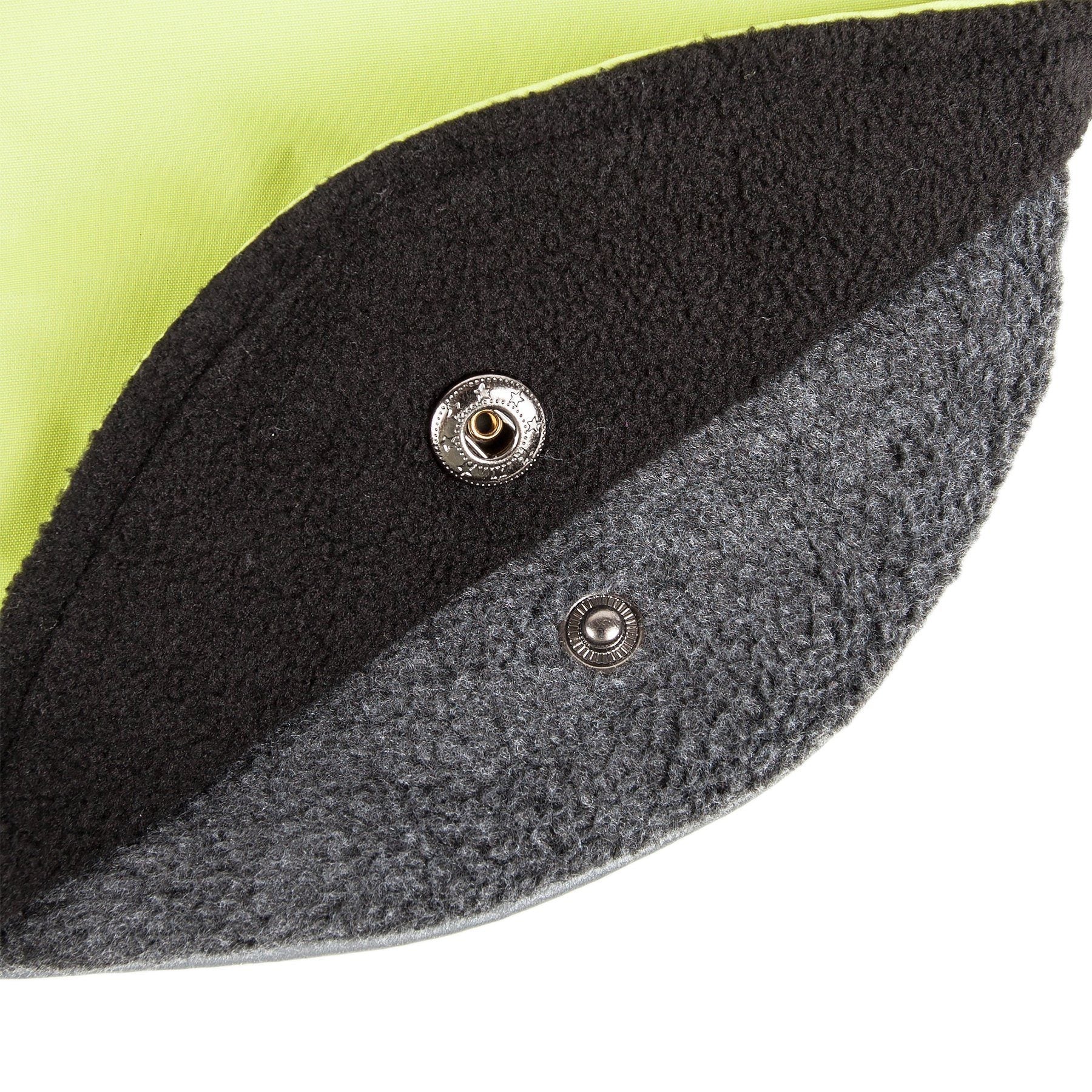 Gray felt liner panel with metal snap buttons on removable dog jacket