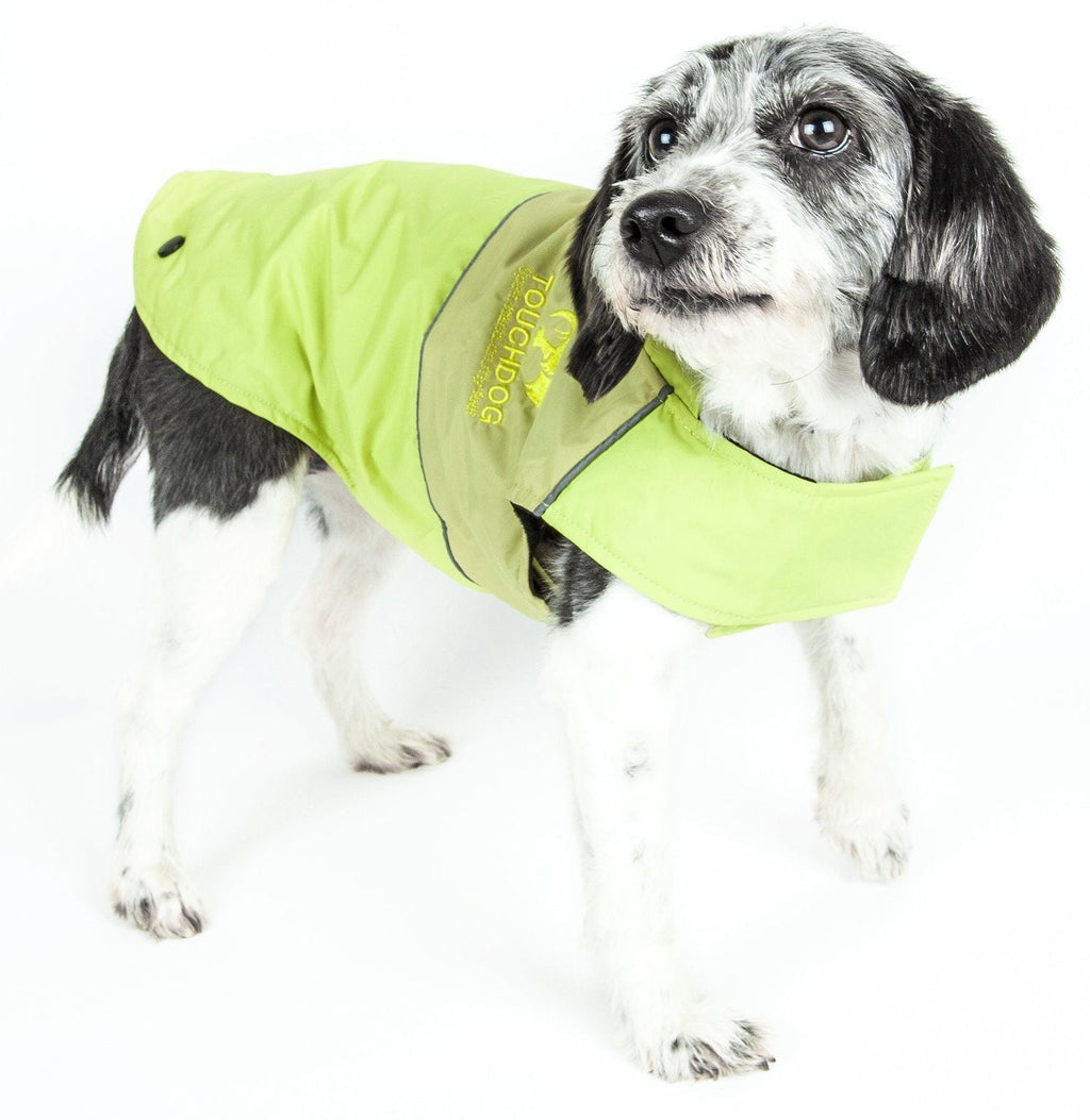 Neon green waterproof dog jacket with darker green hood panel and front logo