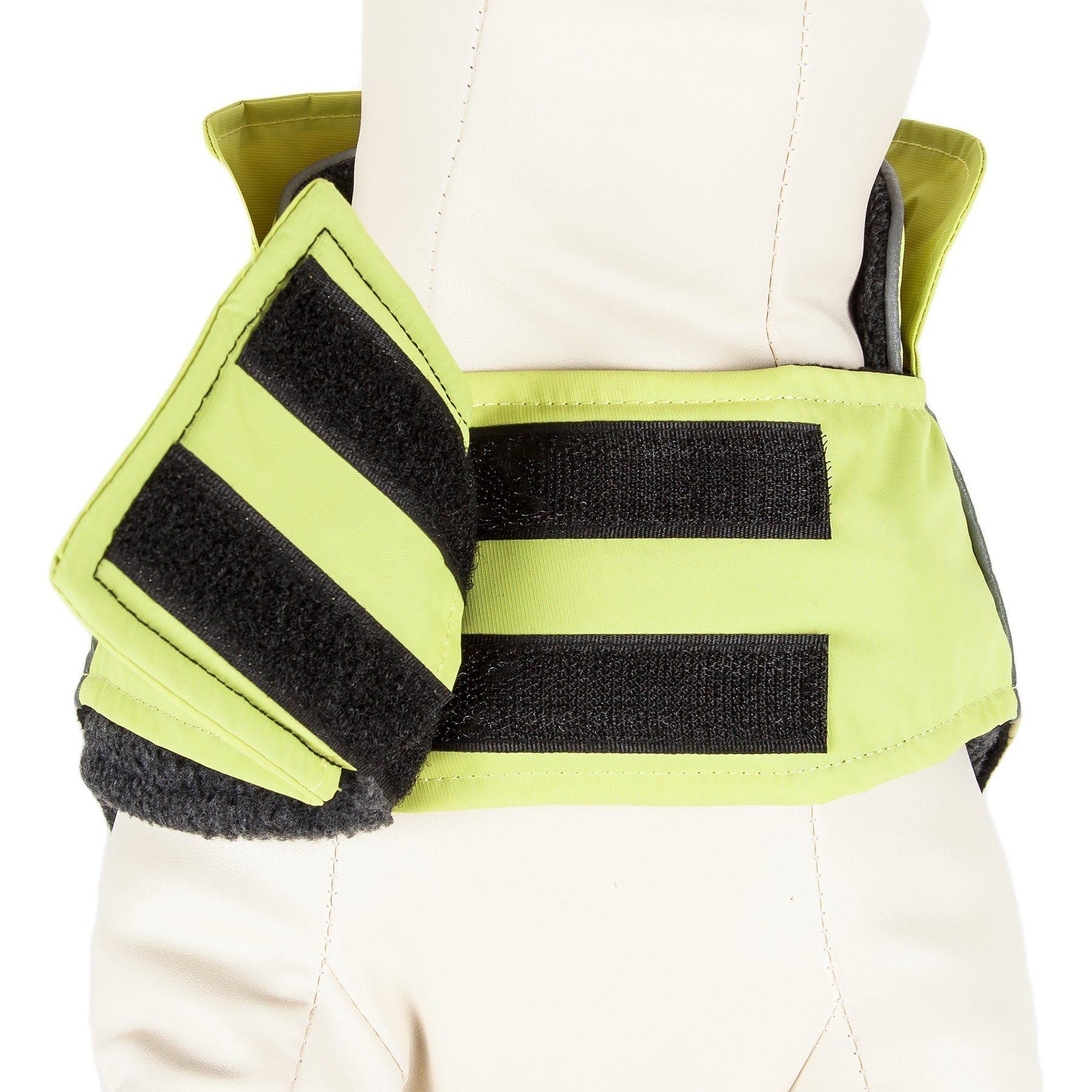 Neon lime waterproof dog jacket with black hook-and-loop strap tabs at chest