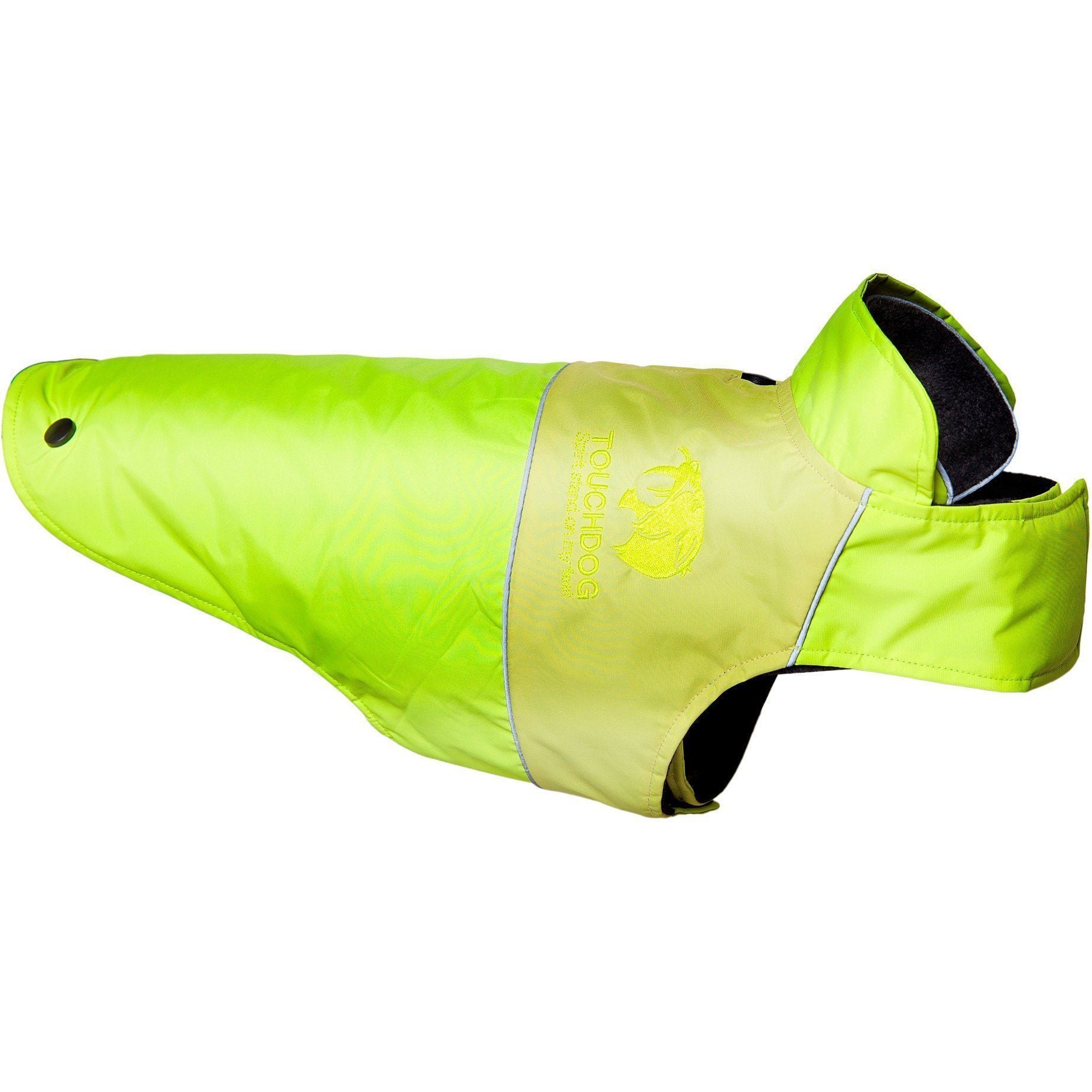 Lime green waterproof dog jacket with black inner layer and hood opening