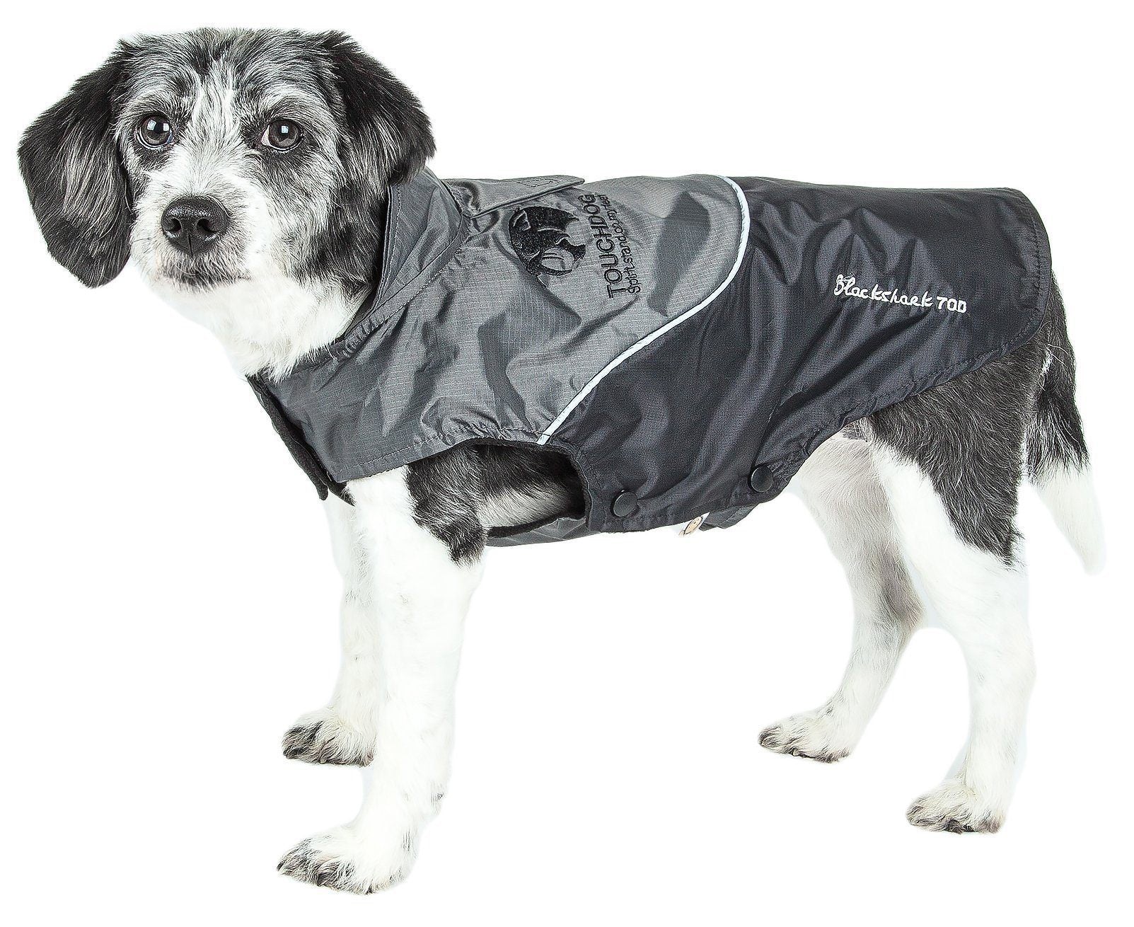 Dark gray waterproof dog jacket with hood opening and stitched logo on chest