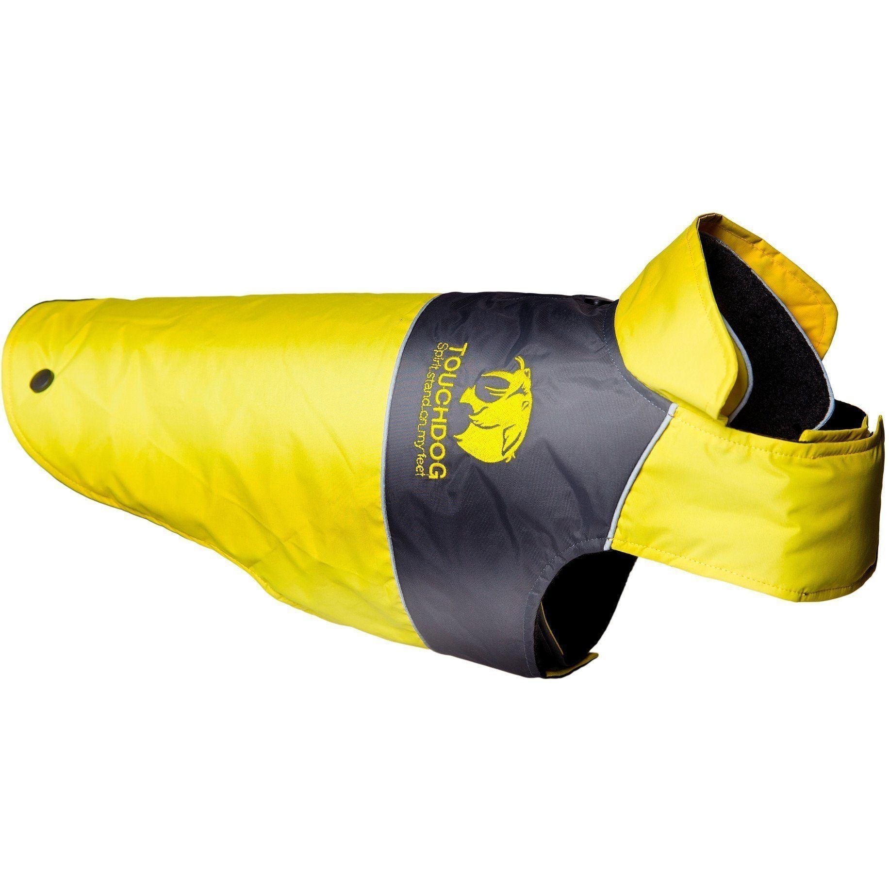 Yellow waterproof dog jacket with dark gray center panel and hood opening for dog face